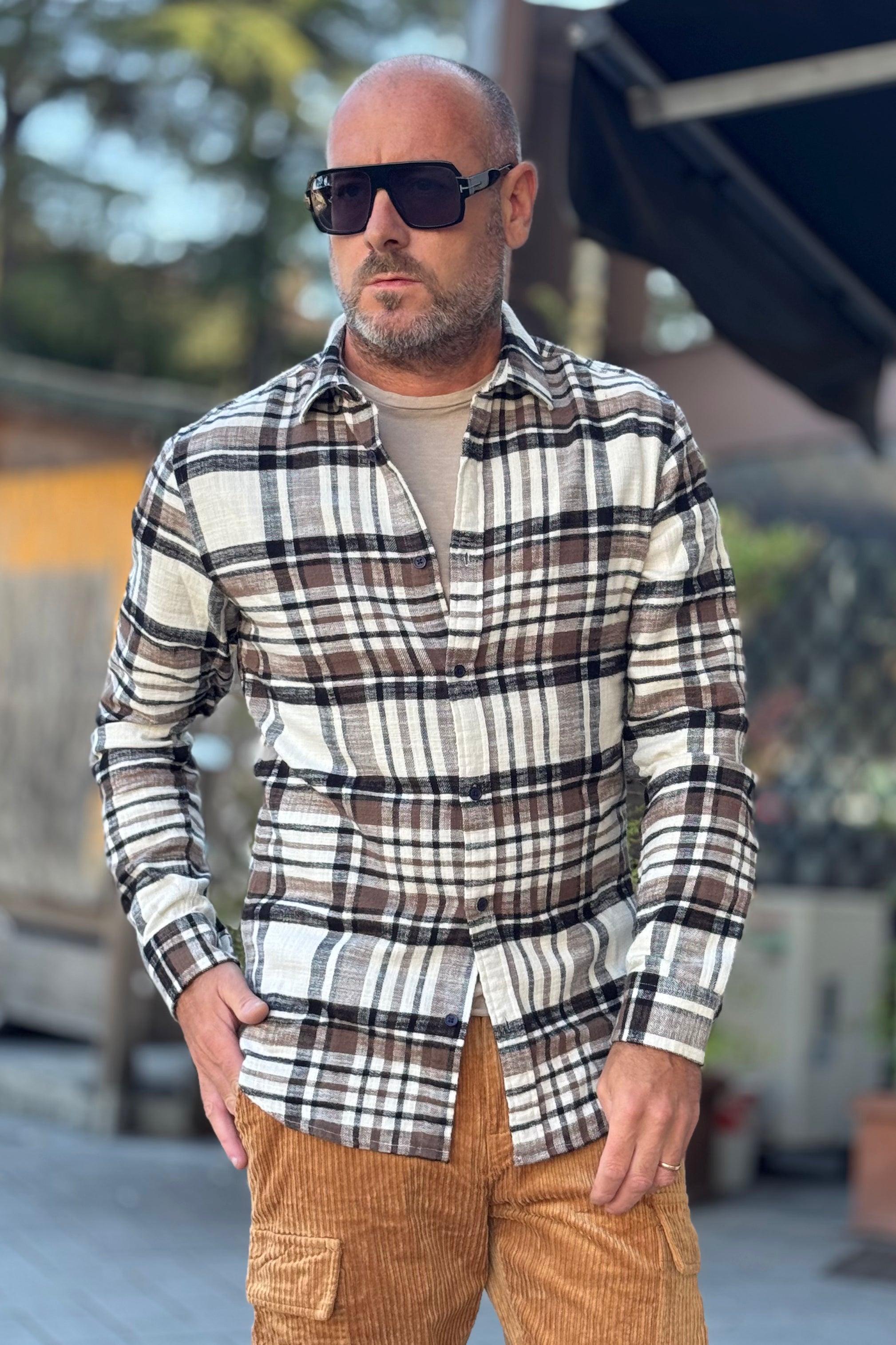 TELAMIRA BTC02 CAMICIA IN FLANELLA MOTIVO QUADRI COLORE PANNA