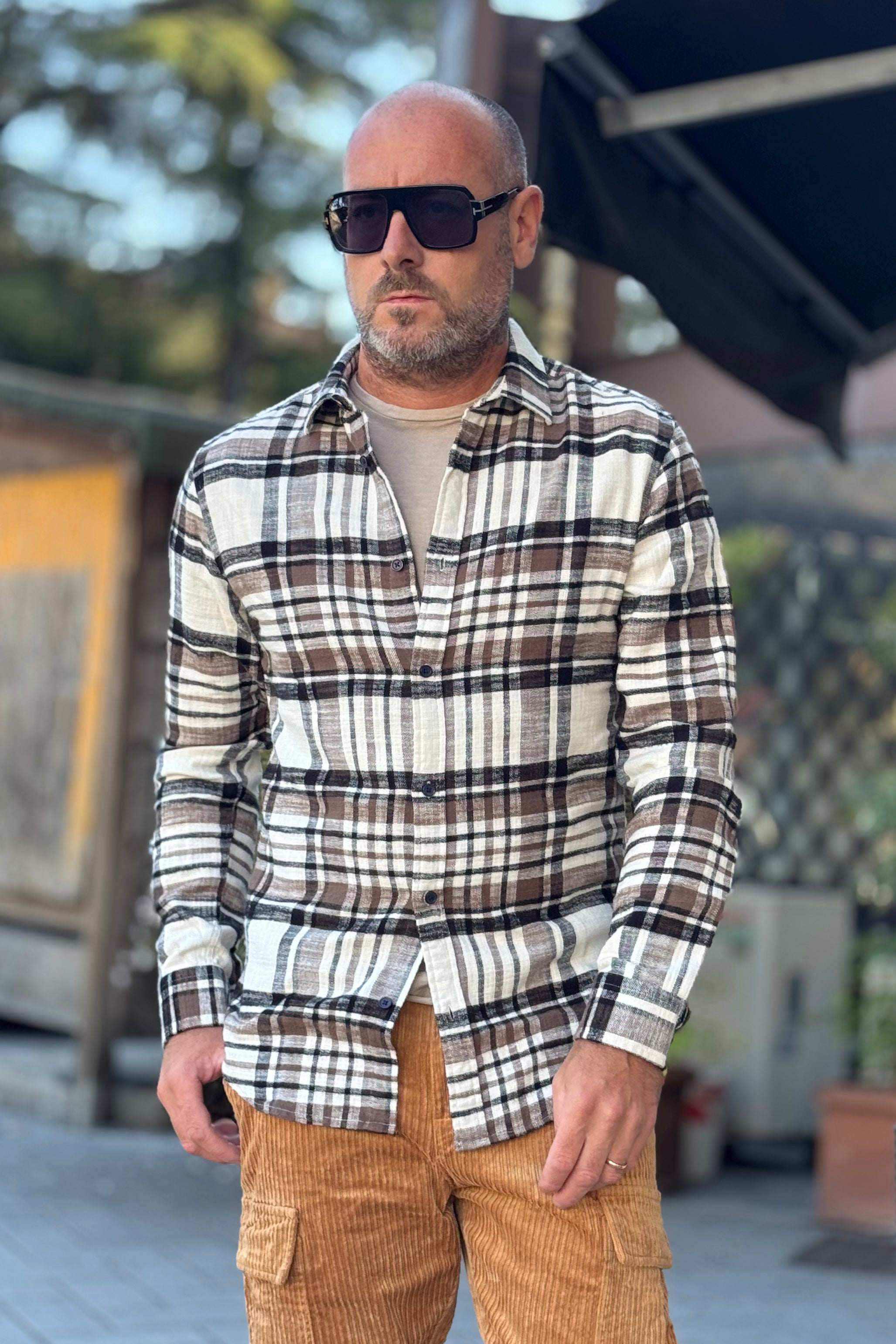 TELAMIRA BTC02 CAMICIA IN FLANELLA MOTIVO QUADRI COLORE PANNA