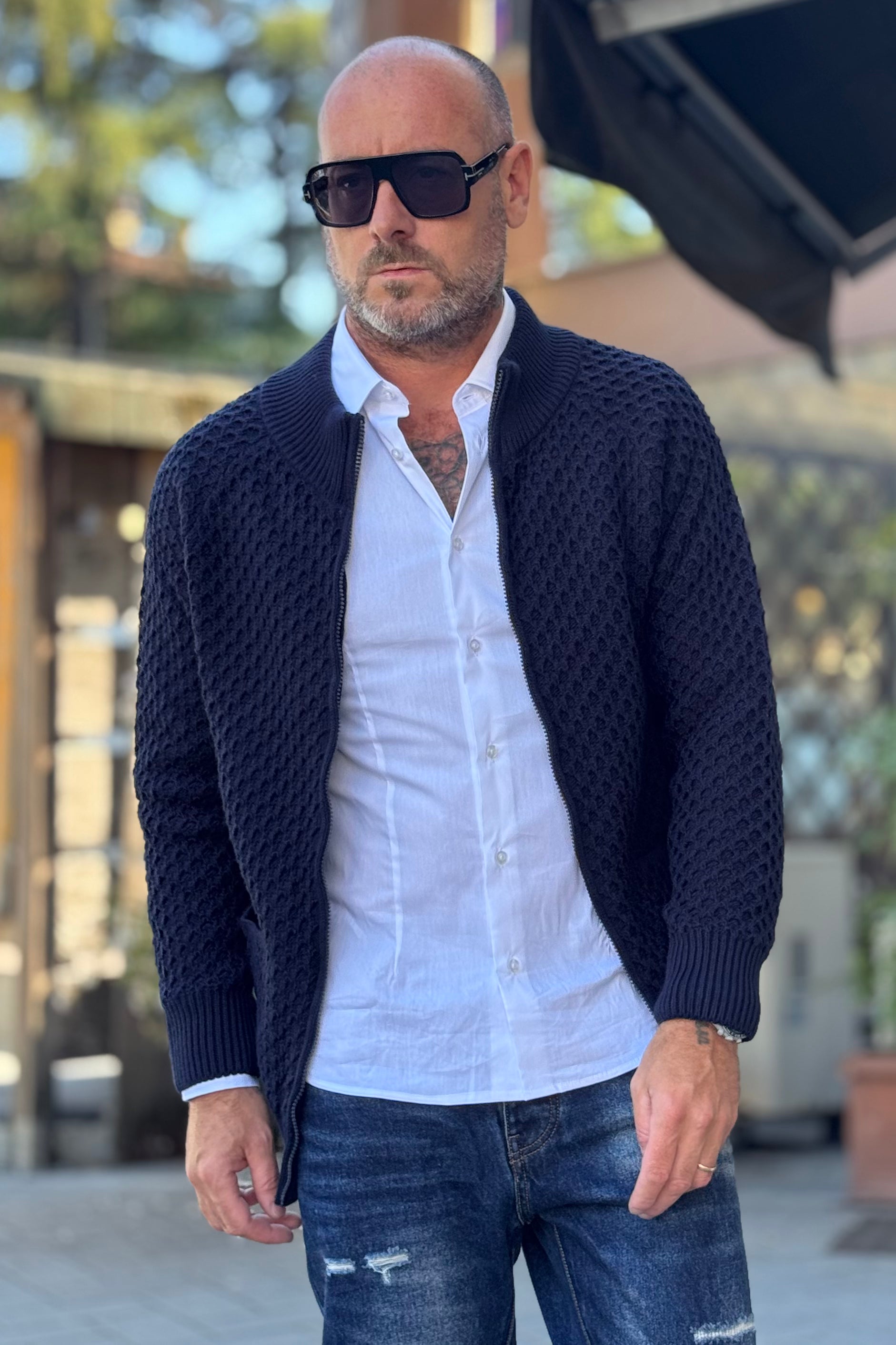 TELAMIRA MAGLIA FULL ZIP COLLO VULCANO MOTIVO NIDO D'APE COLORE BLU