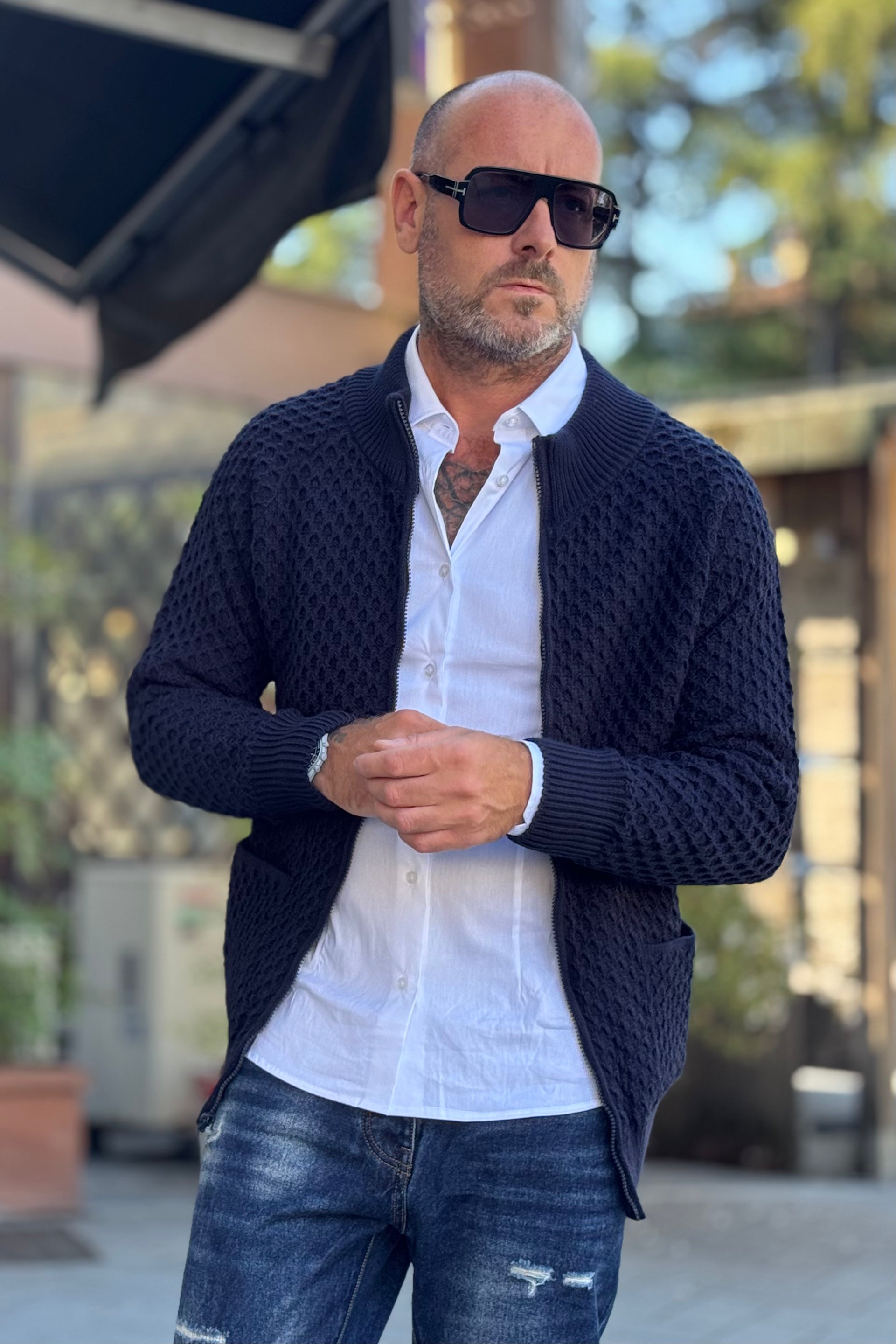 TELAMIRA MAGLIA FULL ZIP COLLO VULCANO MOTIVO NIDO D'APE COLORE BLU