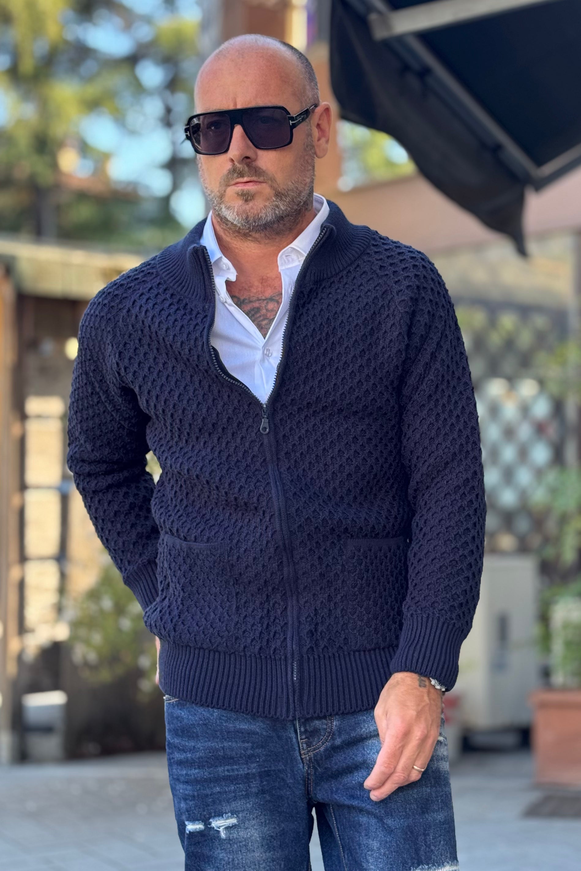 TELAMIRA MAGLIA FULL ZIP COLLO VULCANO MOTIVO NIDO D'APE COLORE BLU