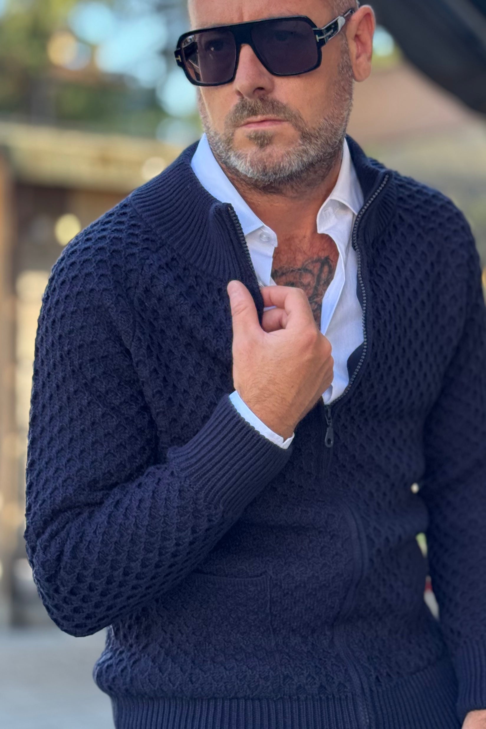 TELAMIRA MAGLIA FULL ZIP COLLO VULCANO MOTIVO NIDO D'APE COLORE BLU