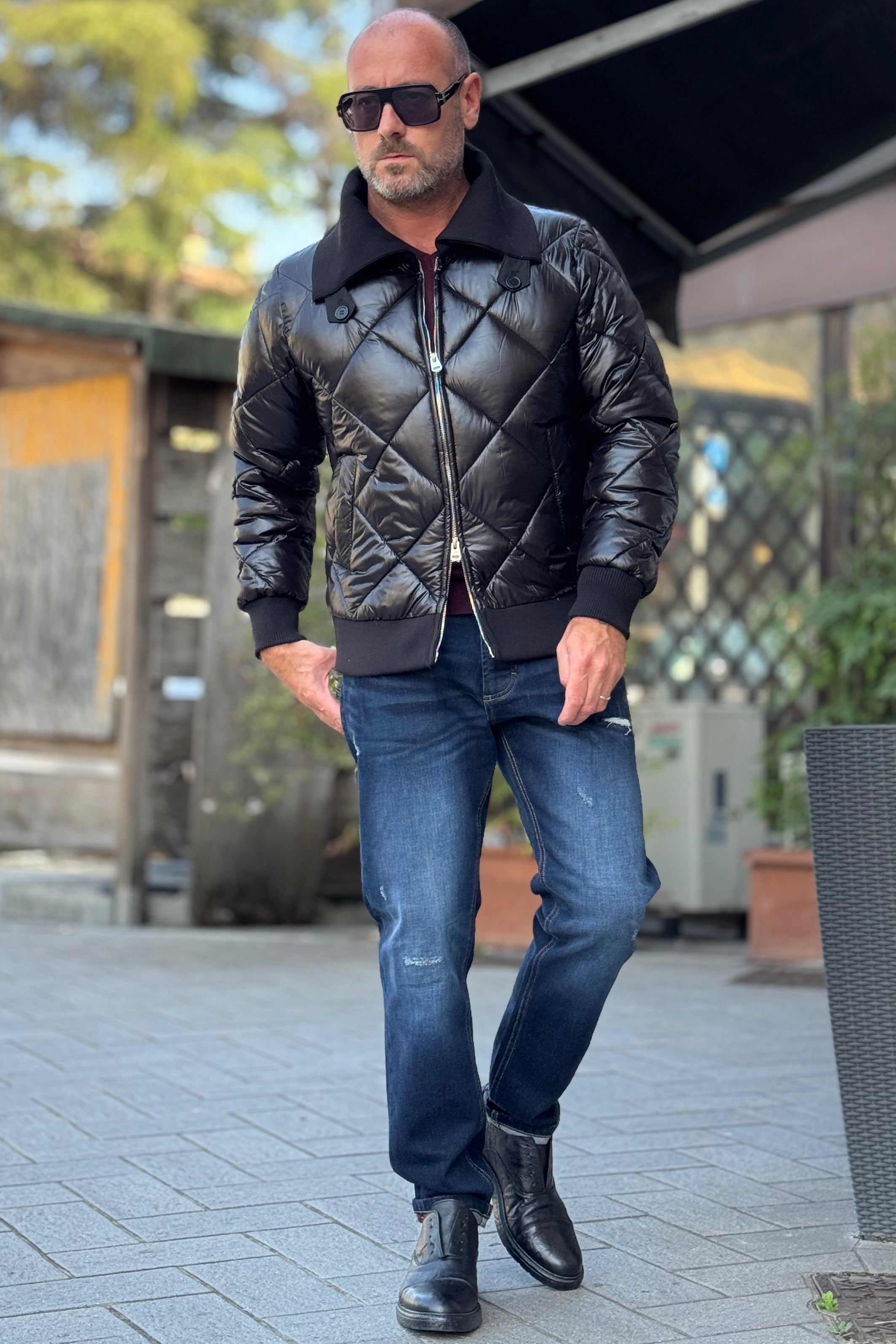 DANIELE ALESSANDRINI PIUMINO TRAPUNTATO COLLETTO IN MAGLIA COLORE NERO