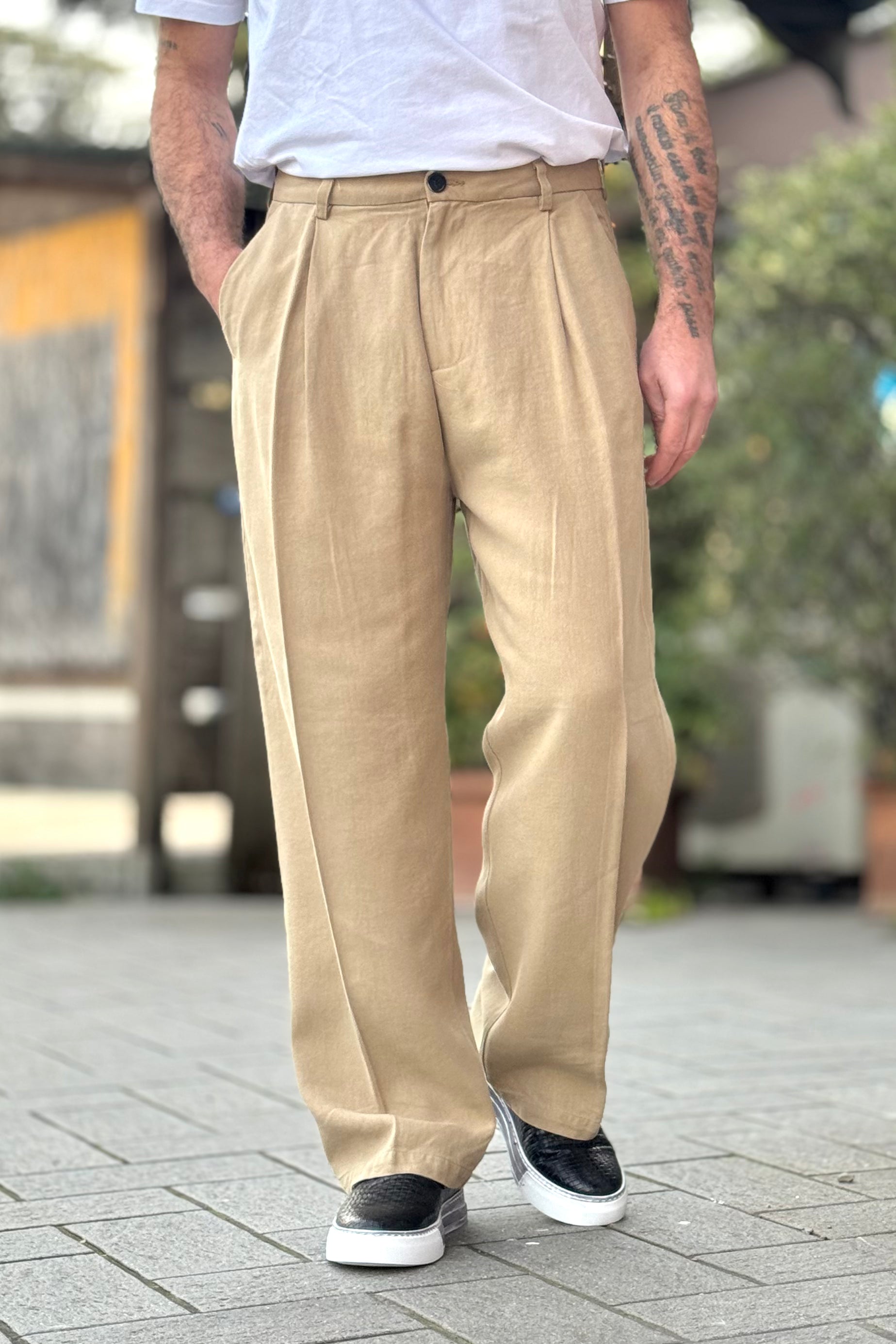 TELAMIRA PANTALONE LARGO CON PINCES IN COTONE E LINO DISPONIBILE IN 2 COLORI