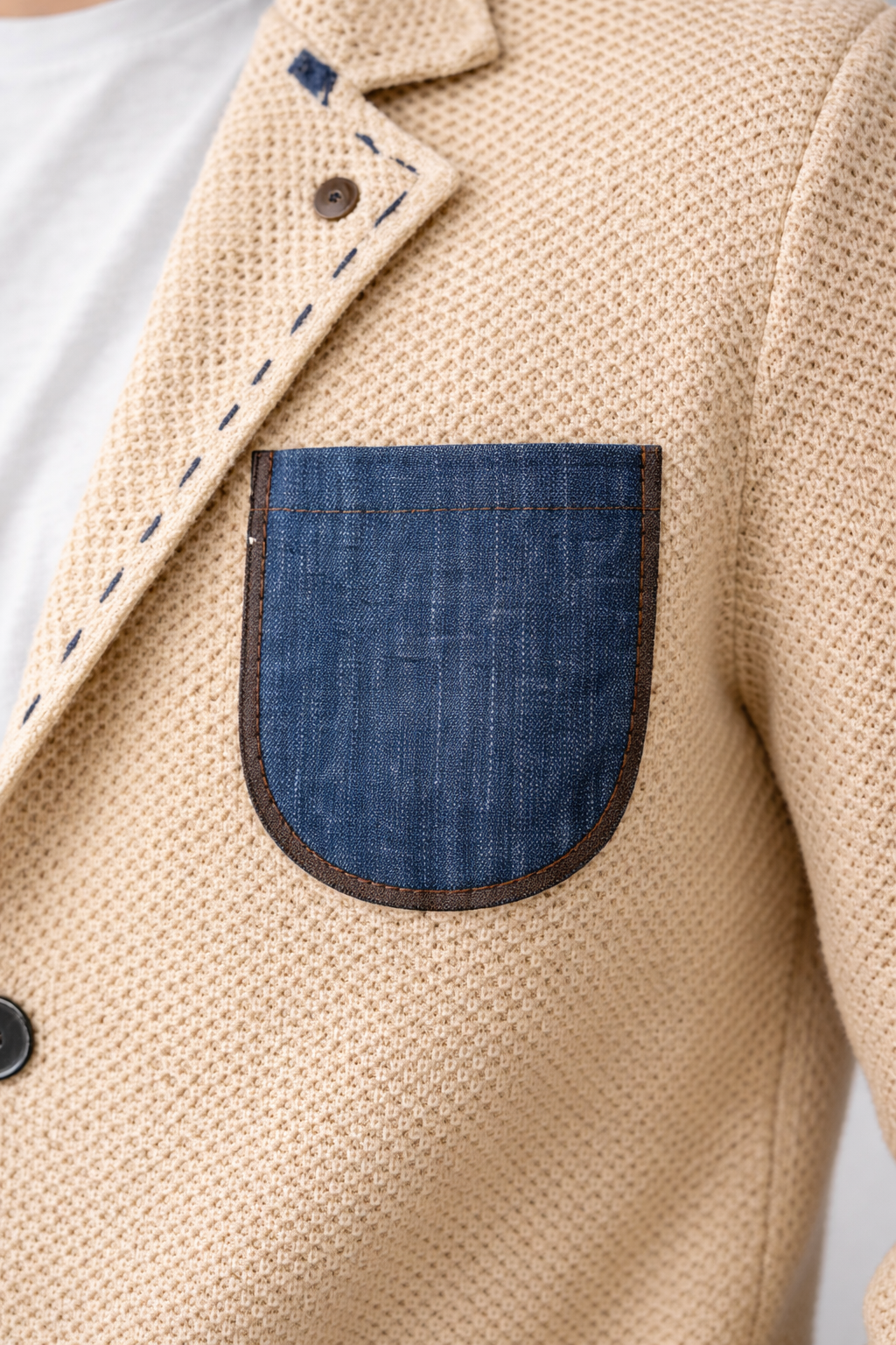 V2 GIACCA IN MAGLIA COLERE SABBIA CON TASCHINO IN JEANS - Mania Fashion Clothing