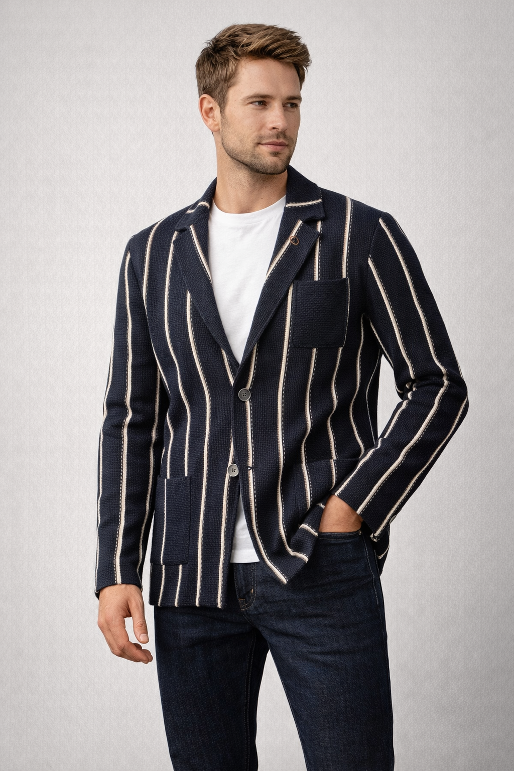 V2 GIACCA A RIGHE IN MAGLIA COLORE BLU - Mania Fashion Clothing