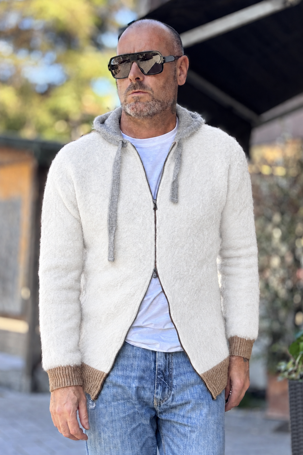 ANIMA CARDIGAN CAPPUCCIO ZIP - BIANCO