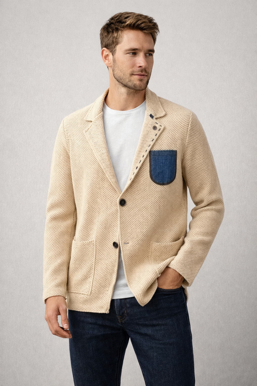 V2 GIACCA IN MAGLIA COLERE SABBIA CON TASCHINO IN JEANS - Mania Fashion Clothing