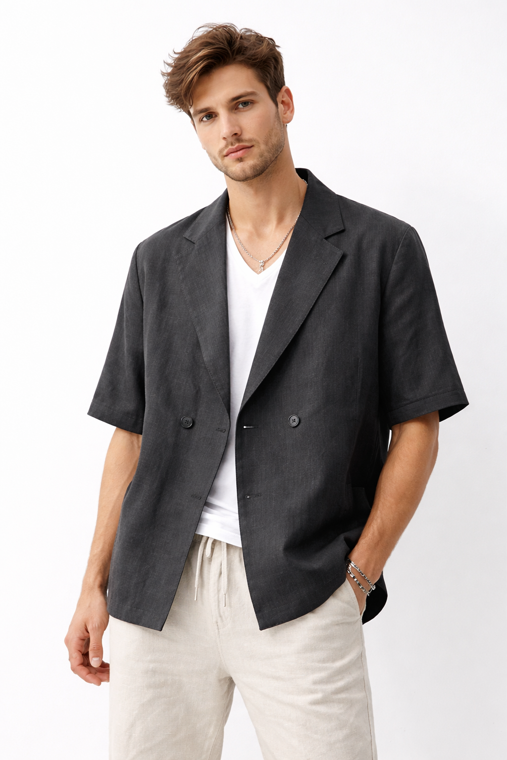 EN AVANCE GIACCA CAMICIA CHIUSURA DOPPIO PETTO IN LINO DISPONIBILE IN 2 COLORI - Mania Fashion Clothing