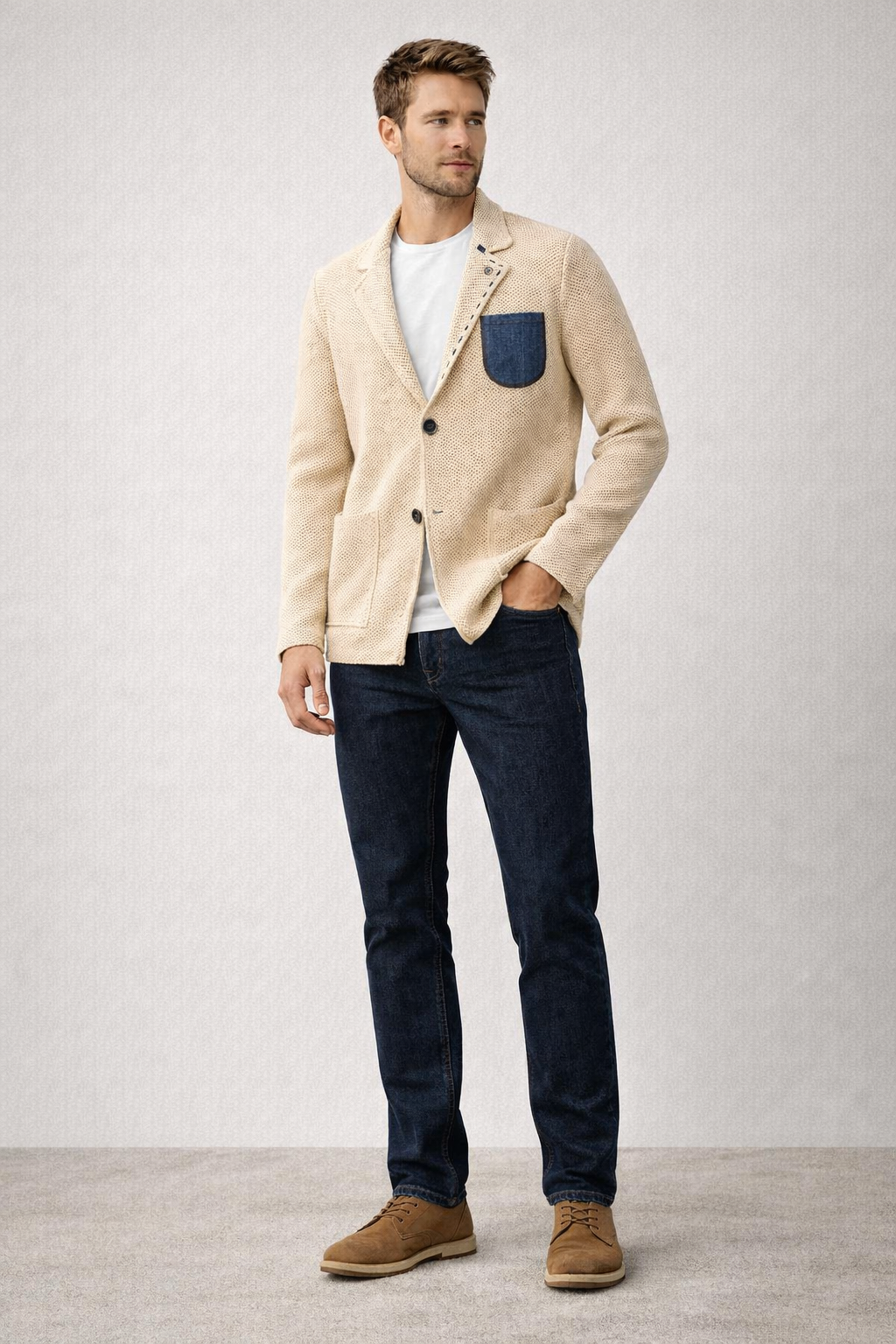 V2 GIACCA IN MAGLIA COLERE SABBIA CON TASCHINO IN JEANS - Mania Fashion Clothing