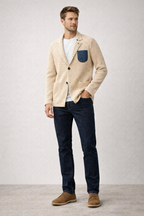 V2 GIACCA IN MAGLIA COLERE SABBIA CON TASCHINO IN JEANS - Mania Fashion Clothing