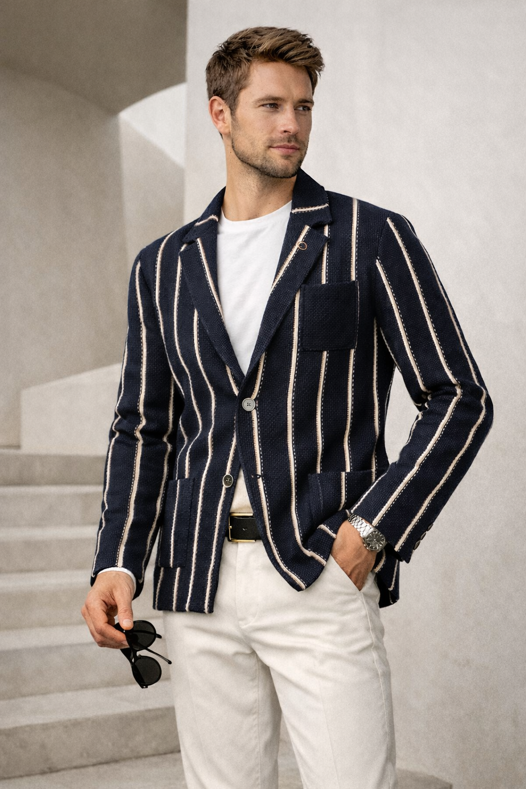 V2 GIACCA A RIGHE IN MAGLIA COLORE BLU - Mania Fashion Clothing