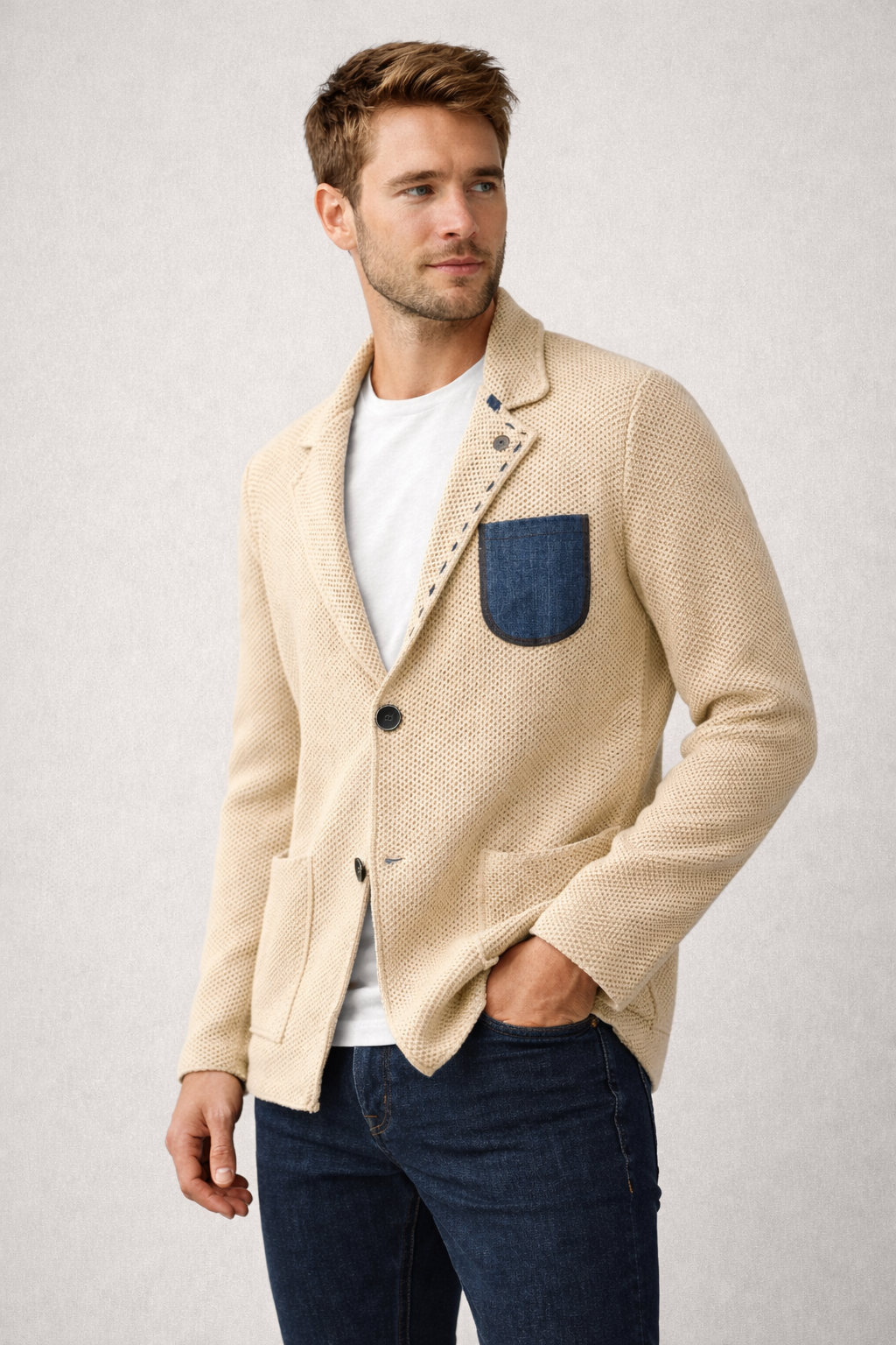 V2 GIACCA IN MAGLIA COLERE SABBIA CON TASCHINO IN JEANS - Mania Fashion Clothing