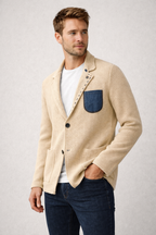 V2 GIACCA IN MAGLIA COLERE SABBIA CON TASCHINO IN JEANS - Mania Fashion Clothing
