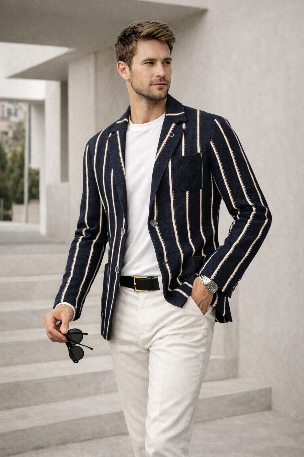 V2 GIACCA A RIGHE IN MAGLIA COLORE BLU - Mania Fashion Clothing