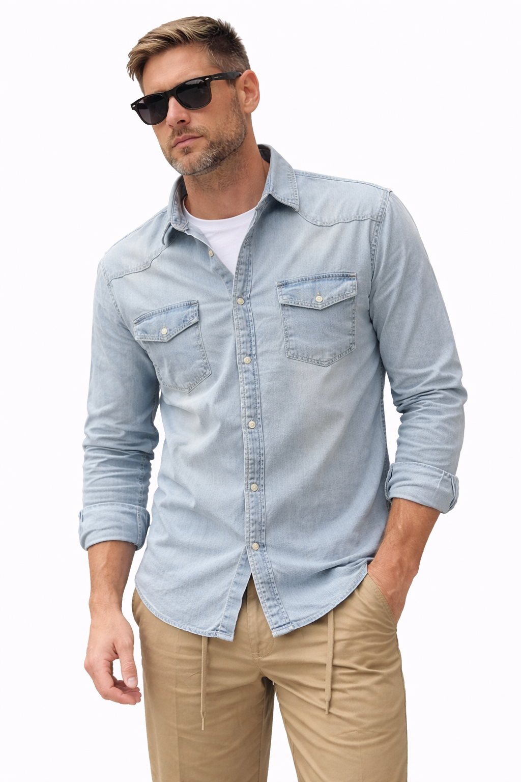 TELAMIRA CAMICIA IN JEANS CON BOTTONE MADRE PERLA - Mania Fashion Clothing