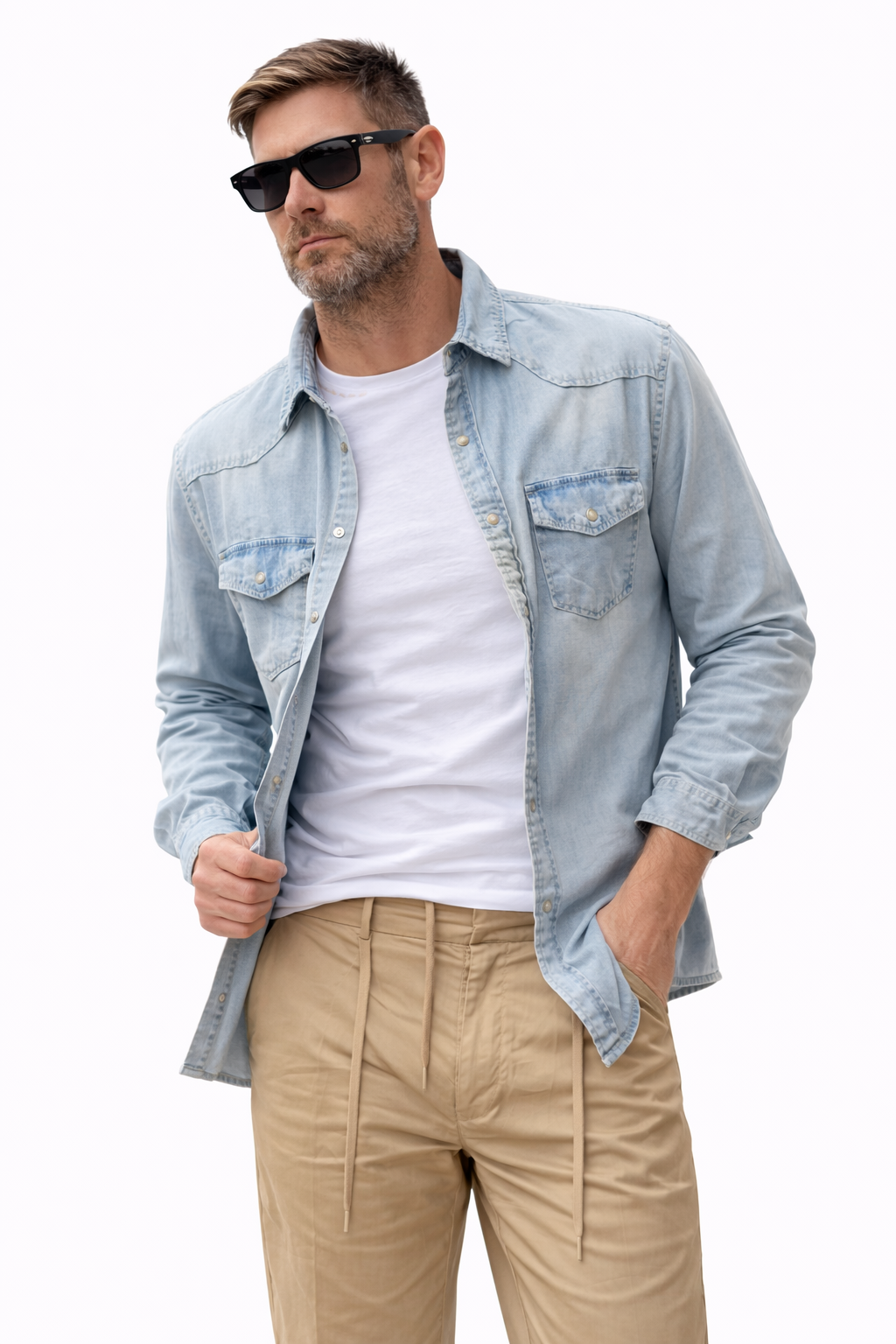 TELAMIRA CAMICIA IN JEANS CON BOTTONE MADRE PERLA - Mania Fashion Clothing