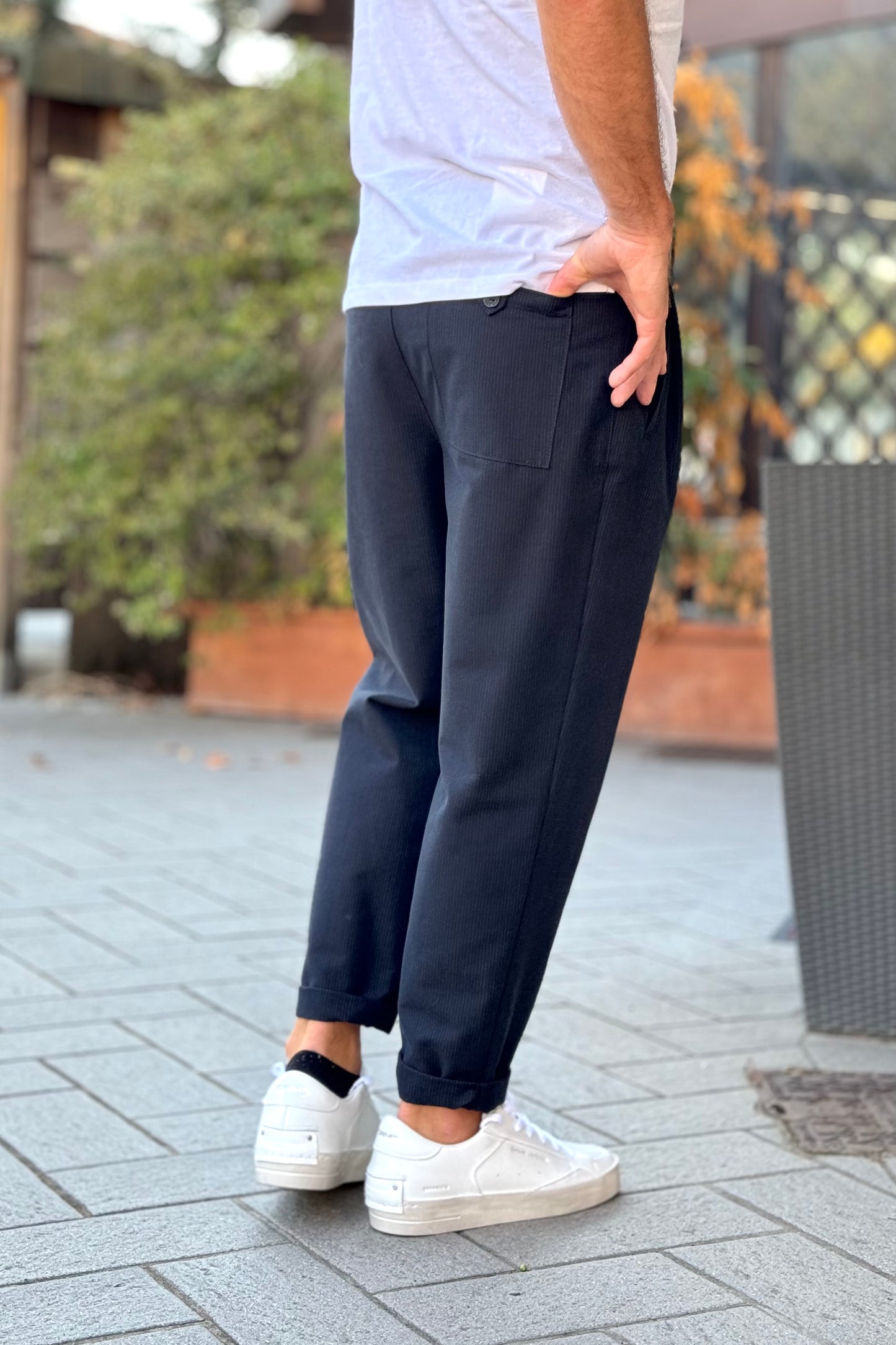 Two-tone 2542Y Baggy style pinstriped trousers with waist pleats