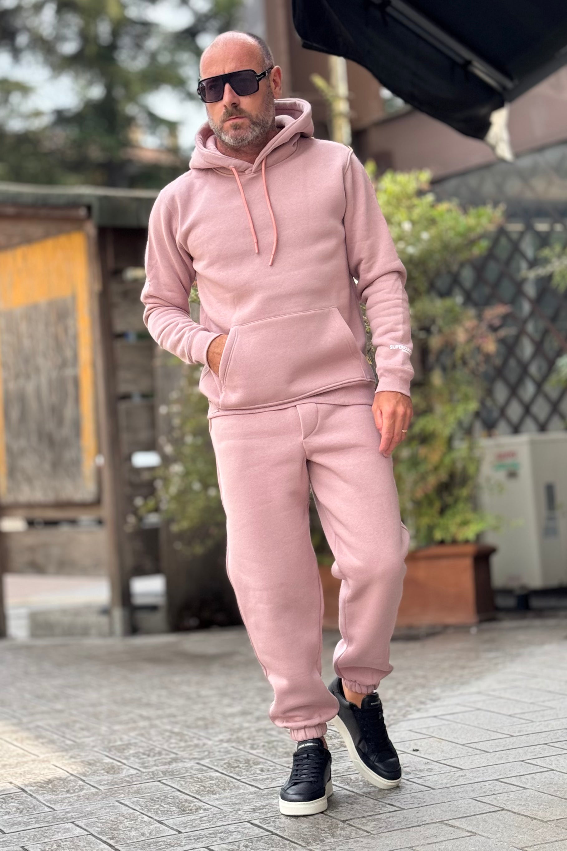 SUPERCULTURE JOY-Z TUTA FELPATA CON TASCA MARSUPIO E CAPPUCCIO COLORE ROSA ANTICO