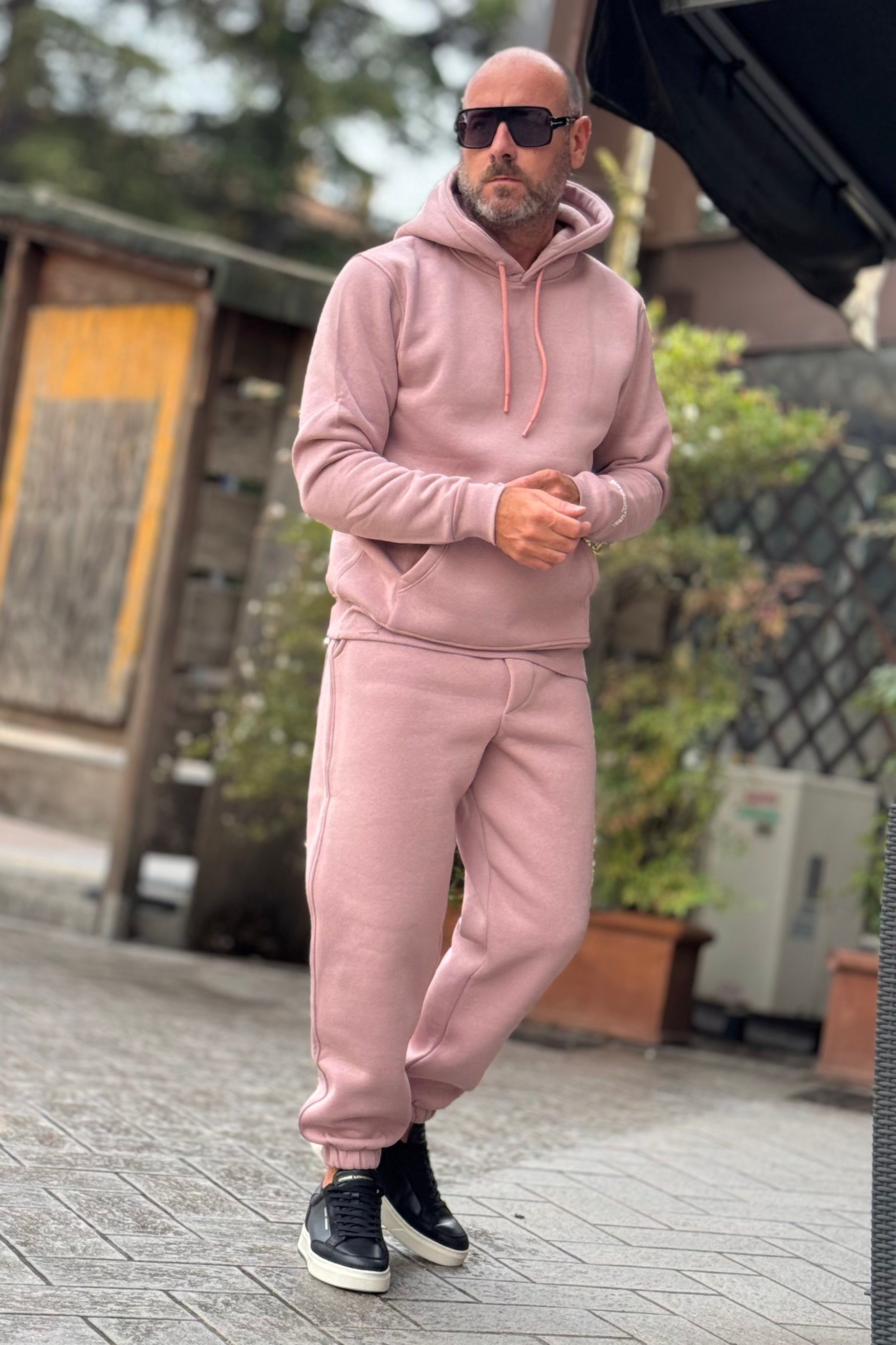 SUPERCULTURE JOY-Z TUTA FELPATA CON TASCA MARSUPIO E CAPPUCCIO COLORE ROSA ANTICO