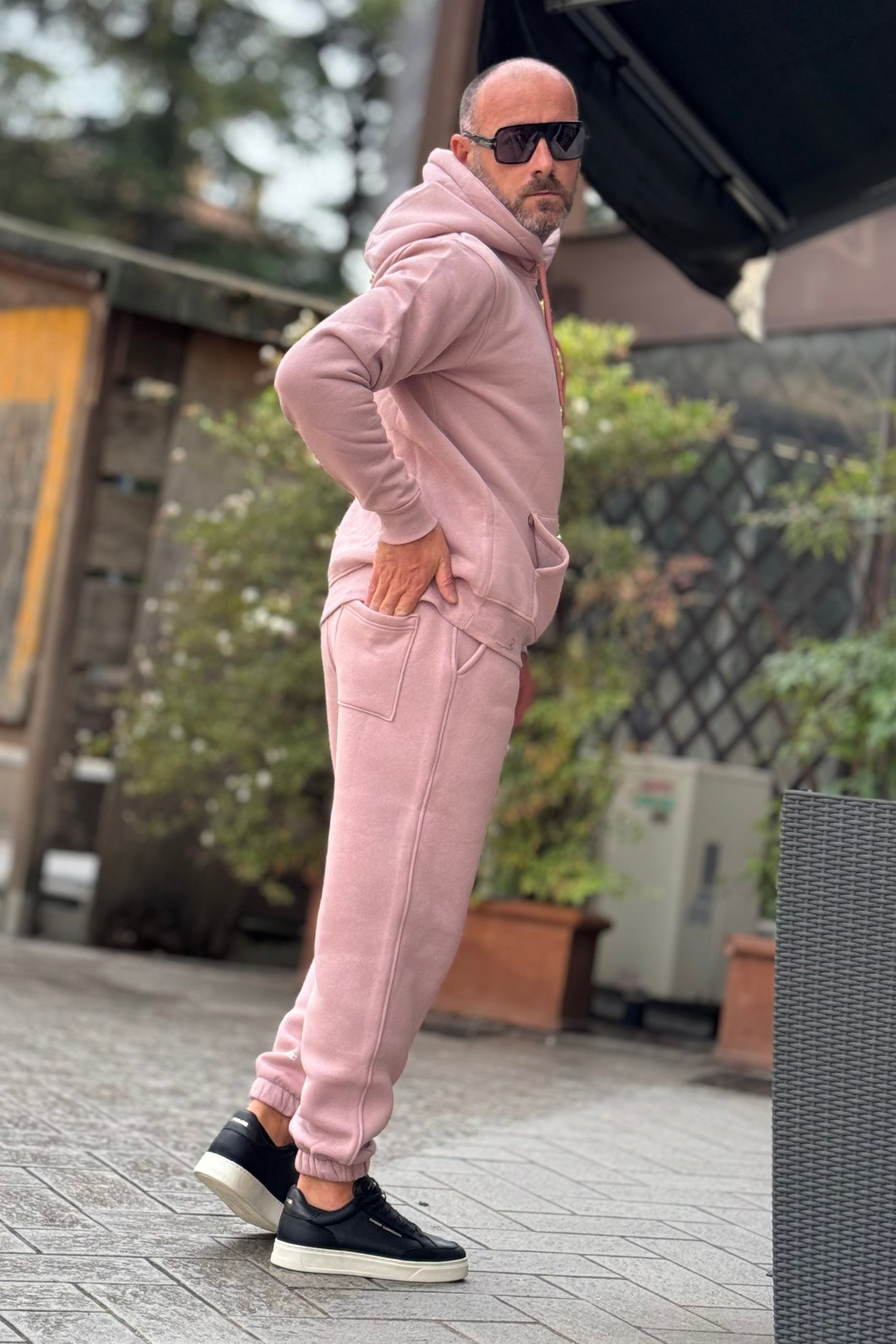 SUPERCULTURE JOY-Z TUTA FELPATA CON TASCA MARSUPIO E CAPPUCCIO COLORE ROSA ANTICO