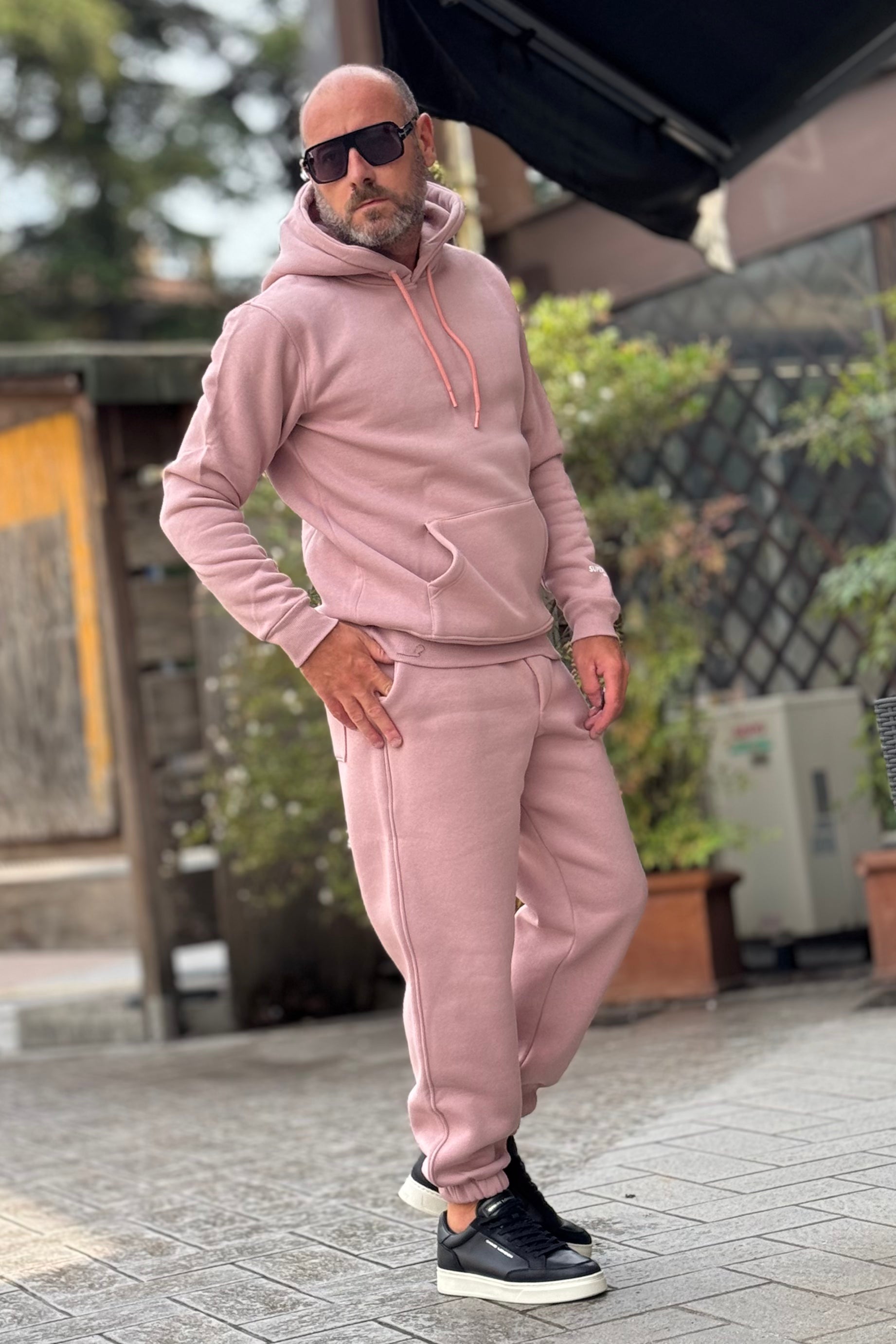 SUPERCULTURE JOY-Z TUTA FELPATA CON TASCA MARSUPIO E CAPPUCCIO COLORE ROSA ANTICO