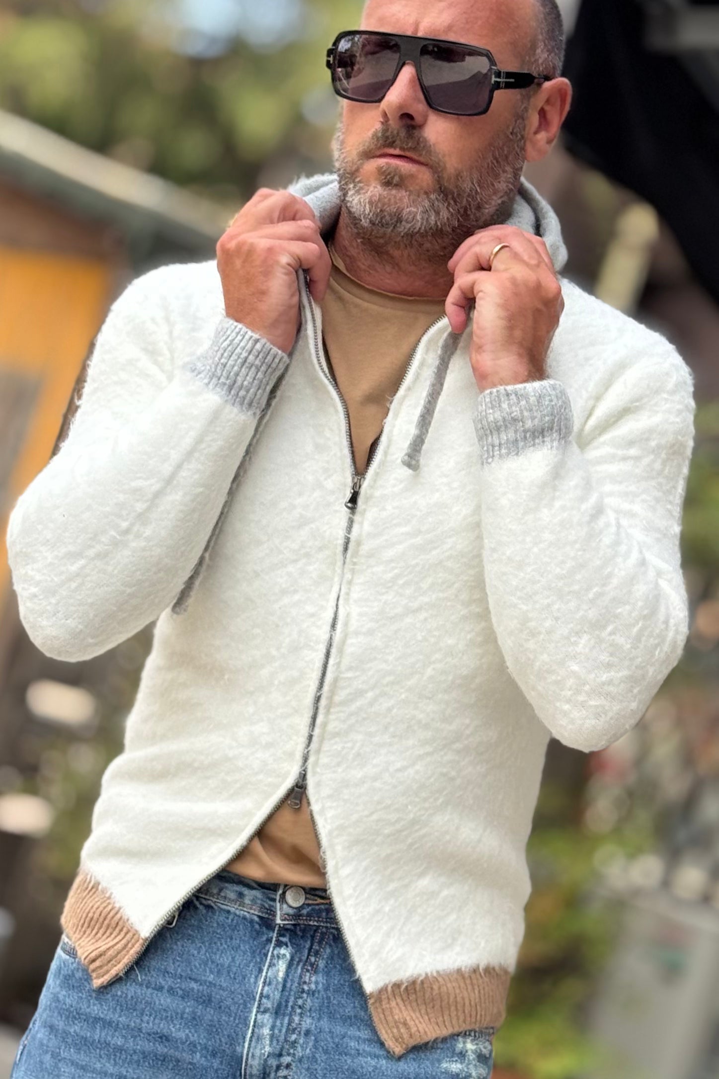 ANIMA AN301 MAGLIA CON ZIP E CAPPUCCIO COLORE PANNA