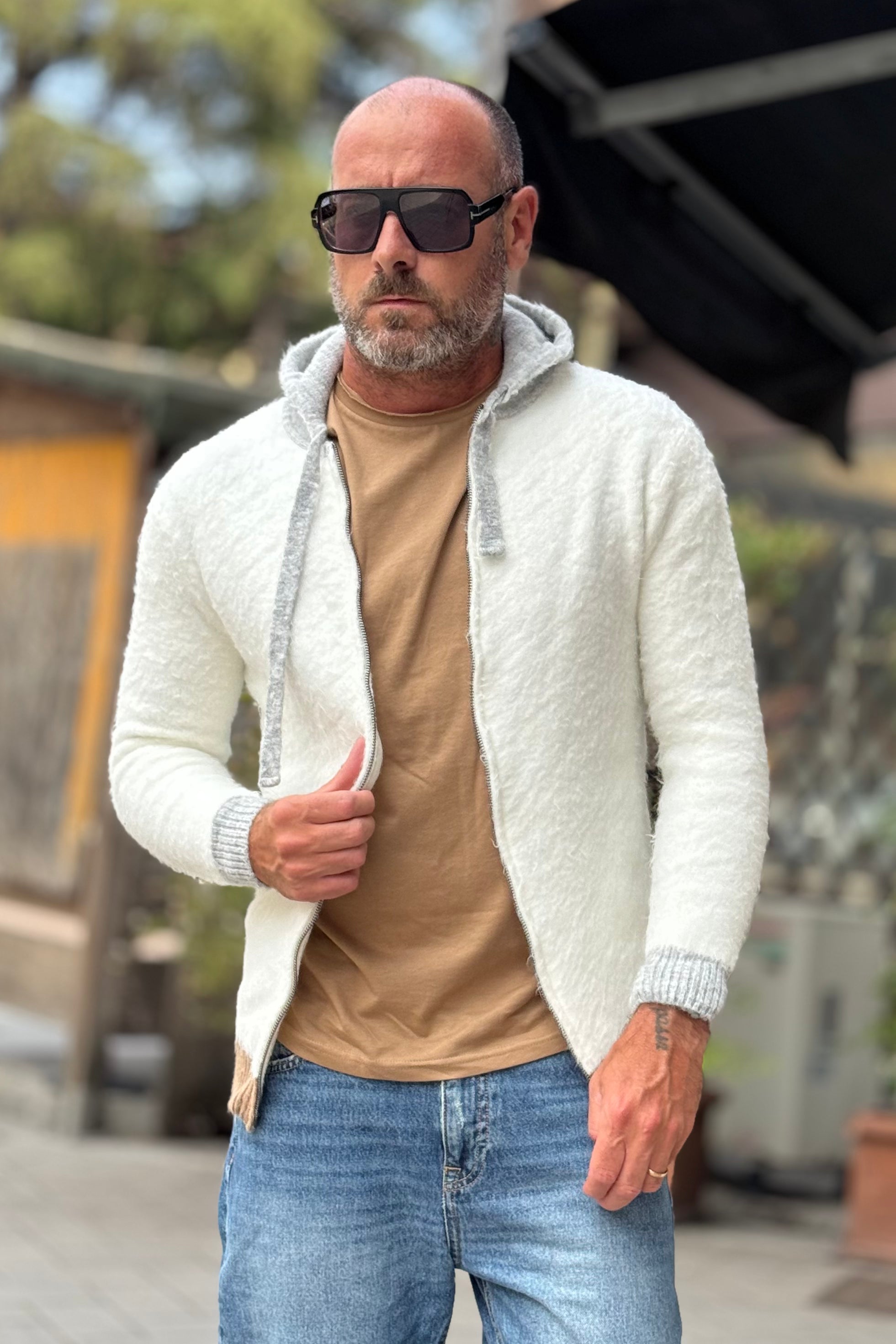 ANIMA AN301 MAGLIA CON ZIP E CAPPUCCIO COLORE PANNA