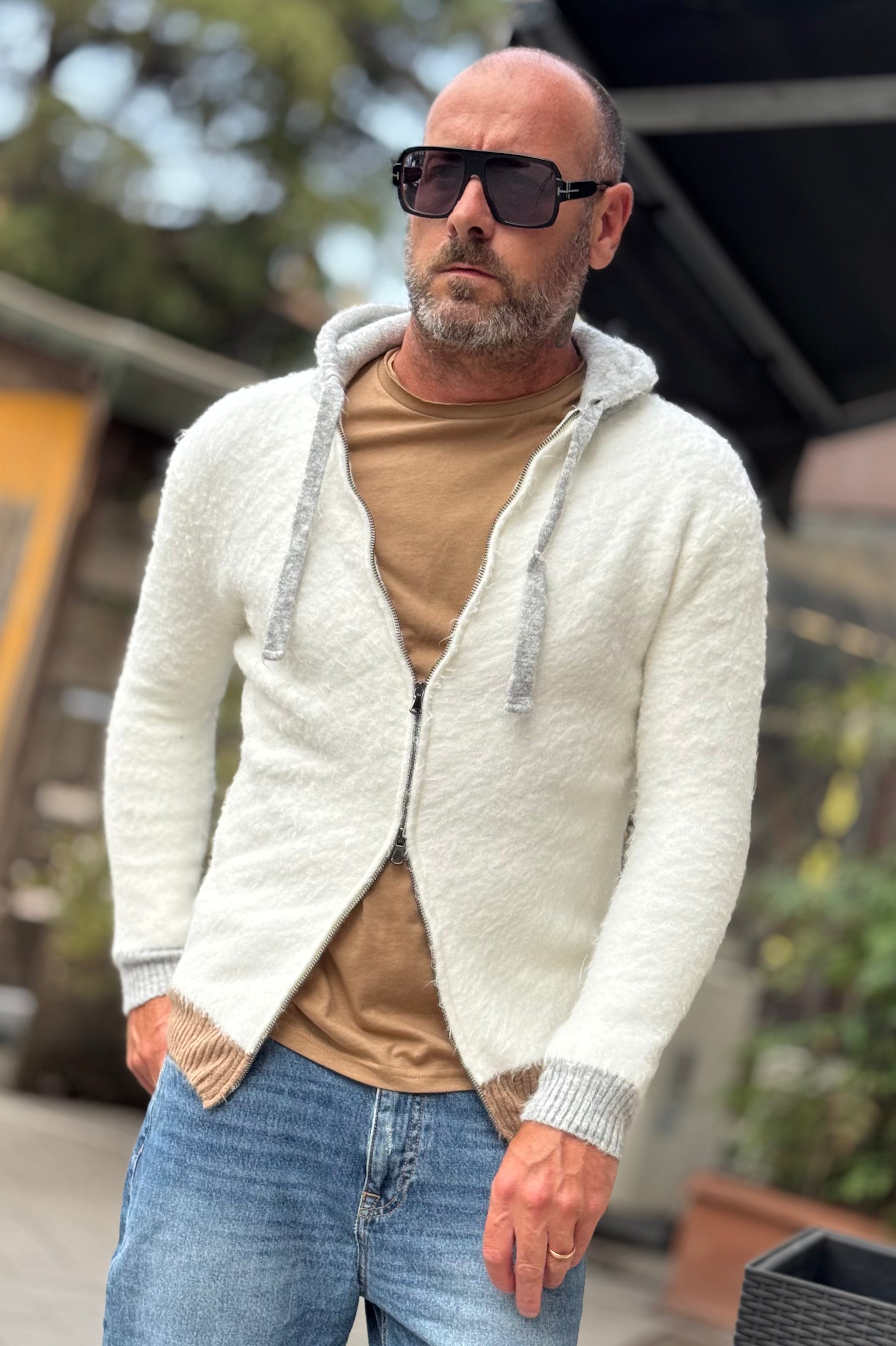 ANIMA AN301 MAGLIA CON ZIP E CAPPUCCIO COLORE PANNA