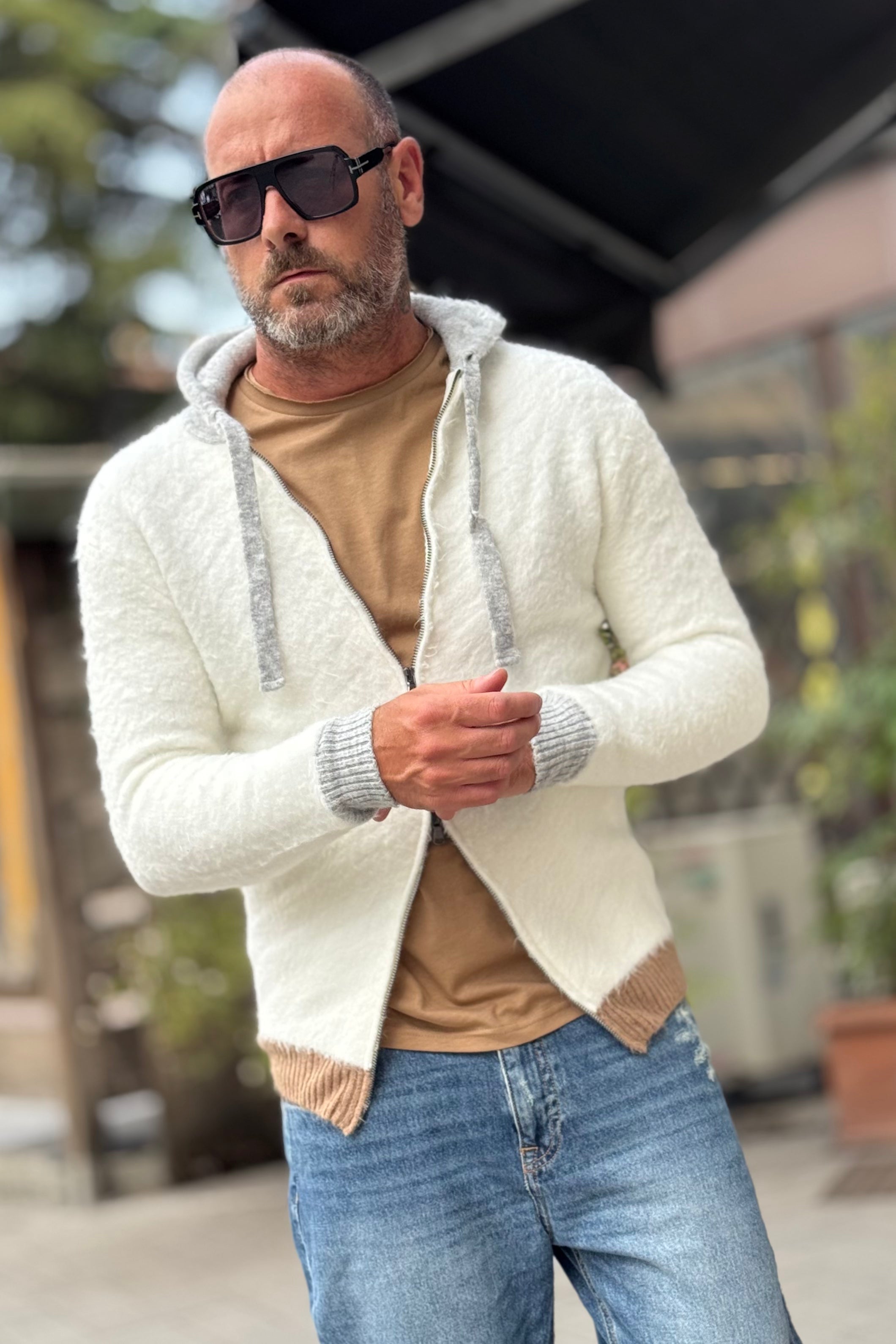 ANIMA AN301 MAGLIA CON ZIP E CAPPUCCIO COLORE PANNA