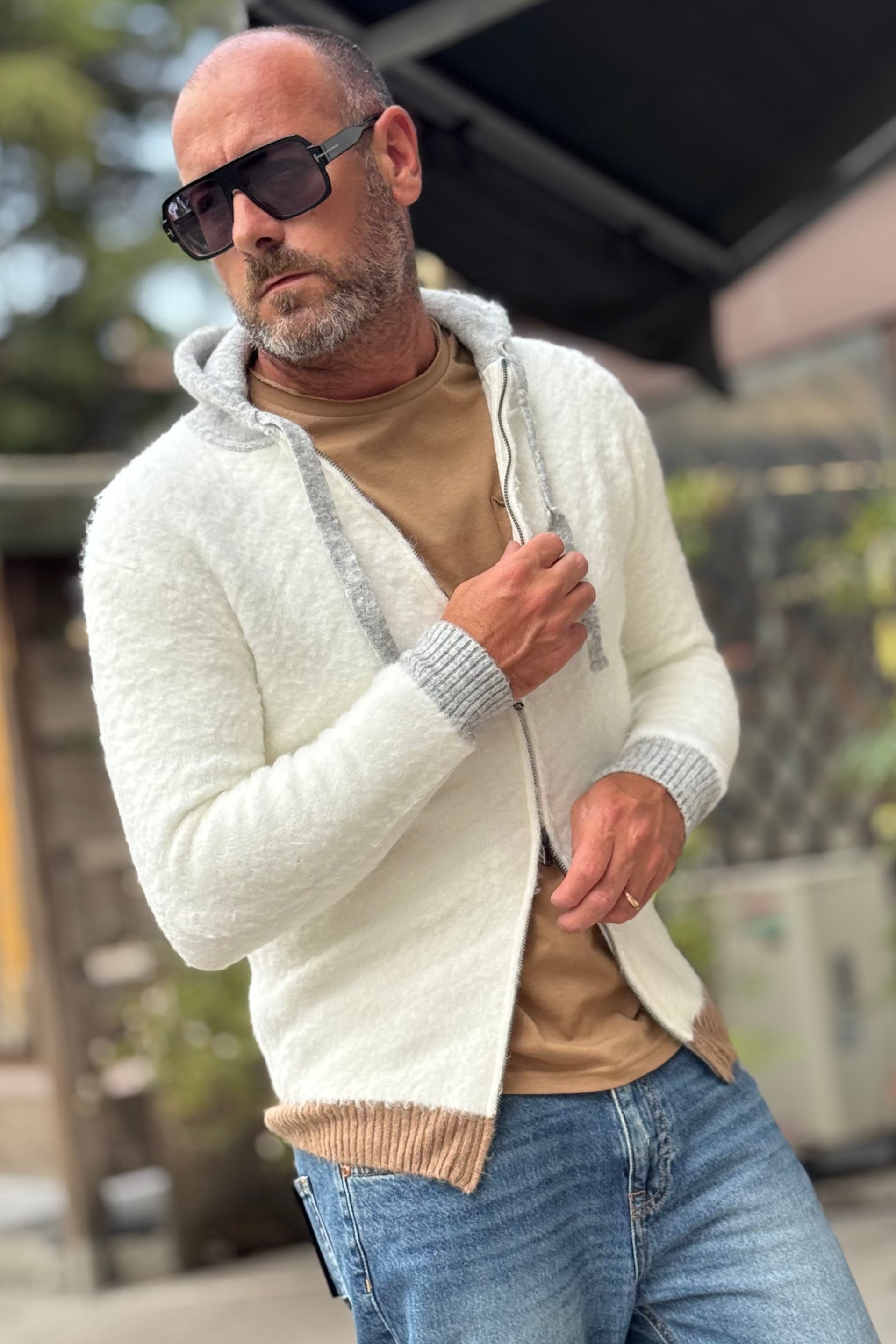 ANIMA AN301 MAGLIA CON ZIP E CAPPUCCIO COLORE PANNA