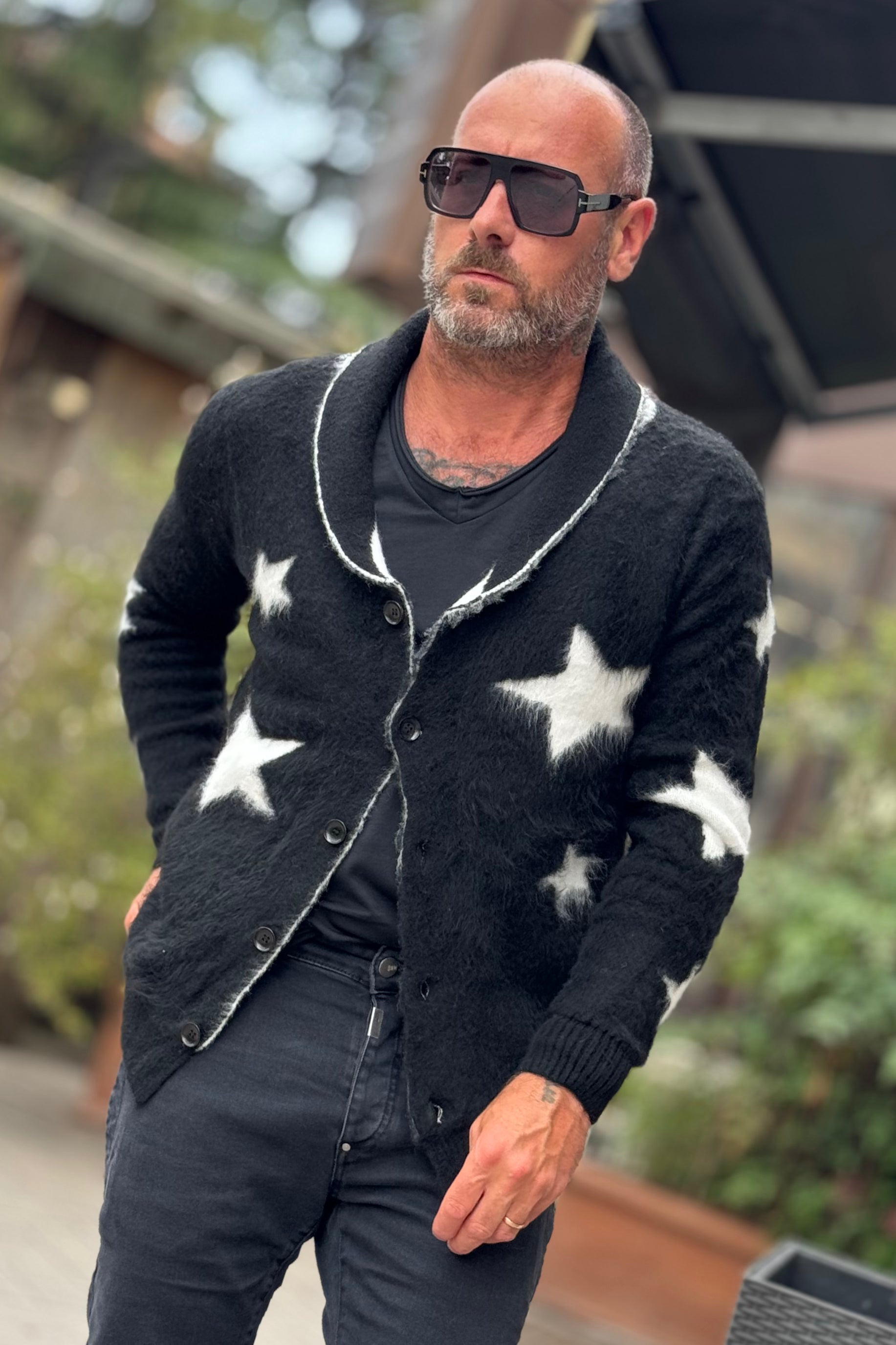 ANIMA AN303 CARDIGAN COLLO SCIALLE CON INTARSIO STELLA COLORE NERO