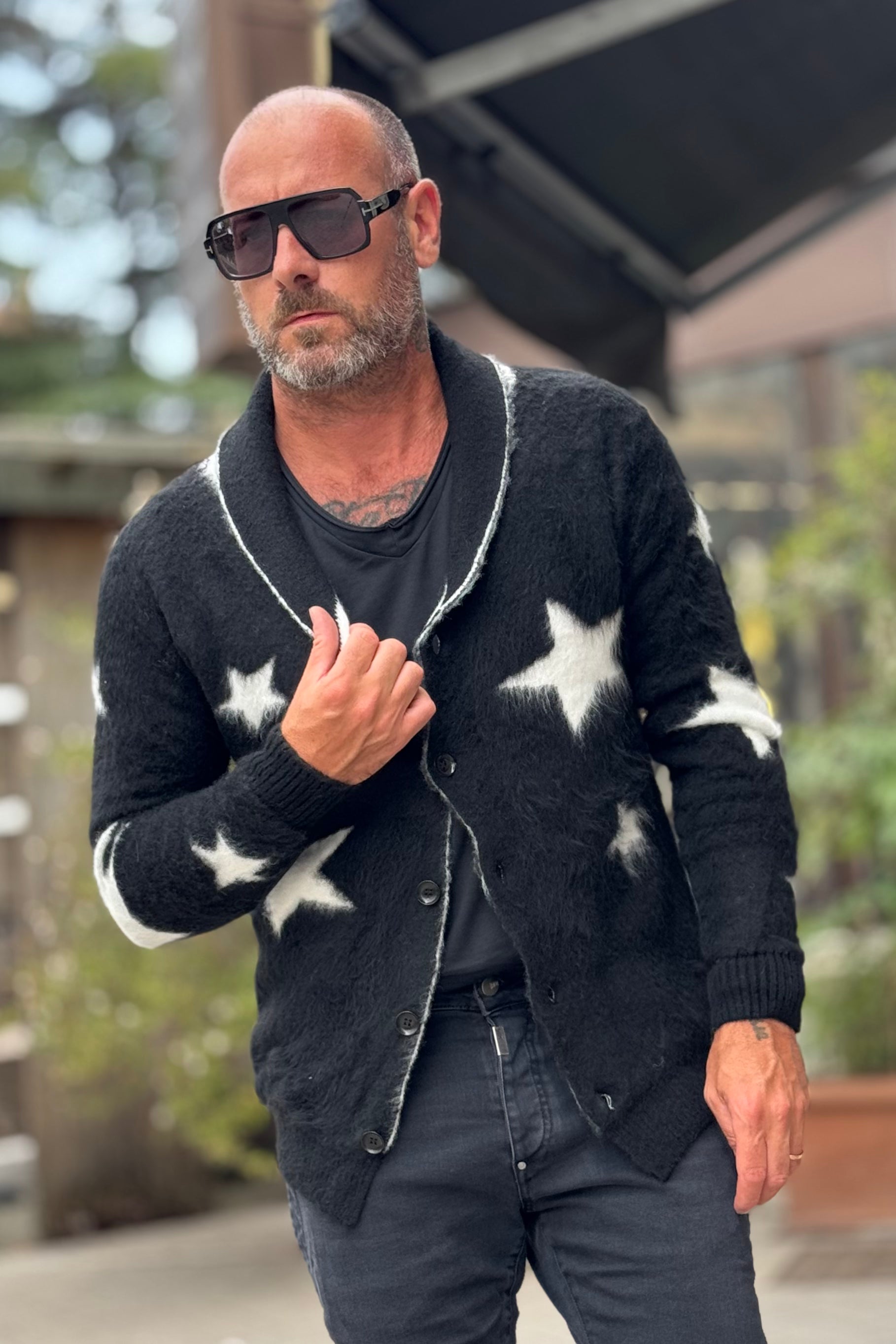 ANIMA AN303 CARDIGAN COLLO SCIALLE CON INTARSIO STELLA COLORE NERO