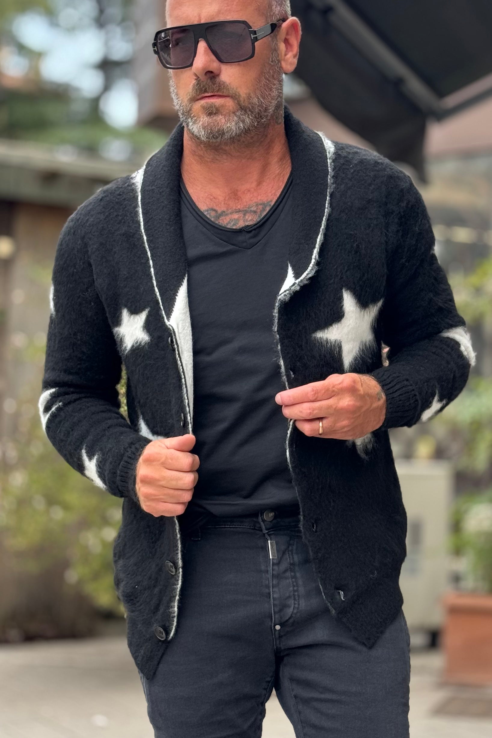 ANIMA AN303 CARDIGAN COLLO SCIALLE CON INTARSIO STELLA COLORE NERO