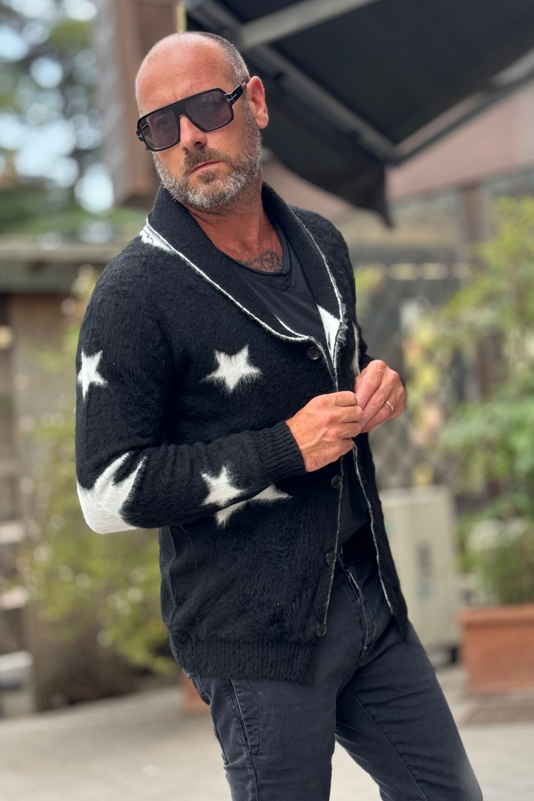 ANIMA AN303 CARDIGAN COLLO SCIALLE CON INTARSIO STELLA COLORE NERO