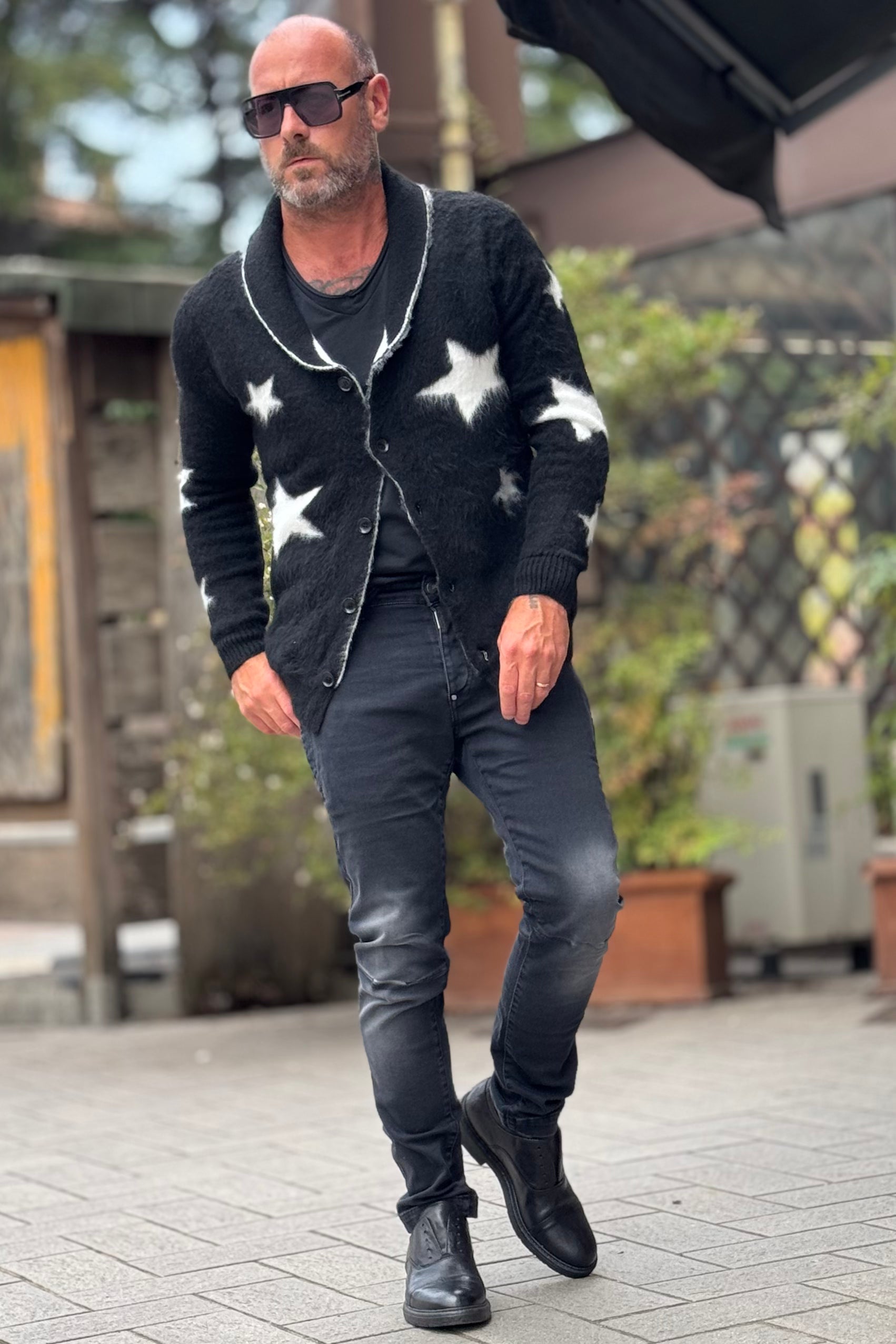 ANIMA AN303 CARDIGAN COLLO SCIALLE CON INTARSIO STELLA COLORE NERO