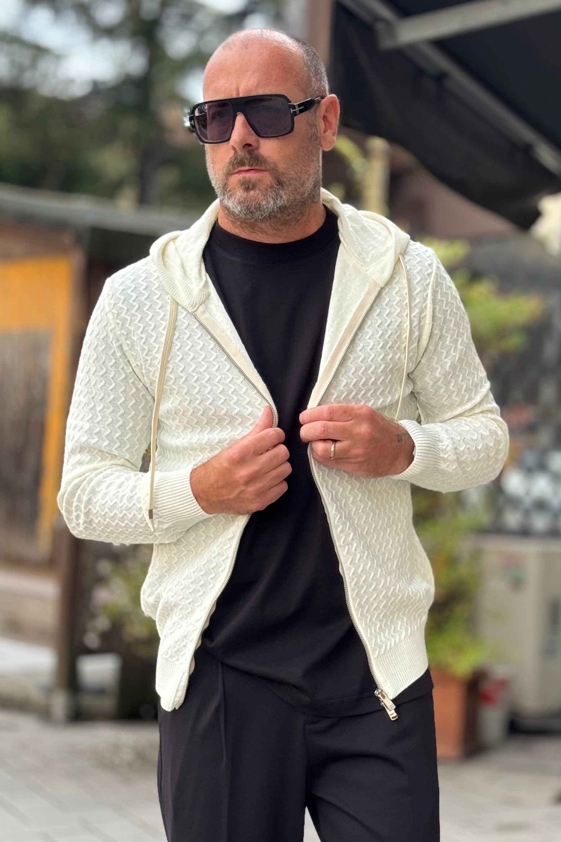 DANIELE ALESSANDRINI M015 CARDIGAN CON CAPUCCIO FULL ZIP  COLORE BIANCO