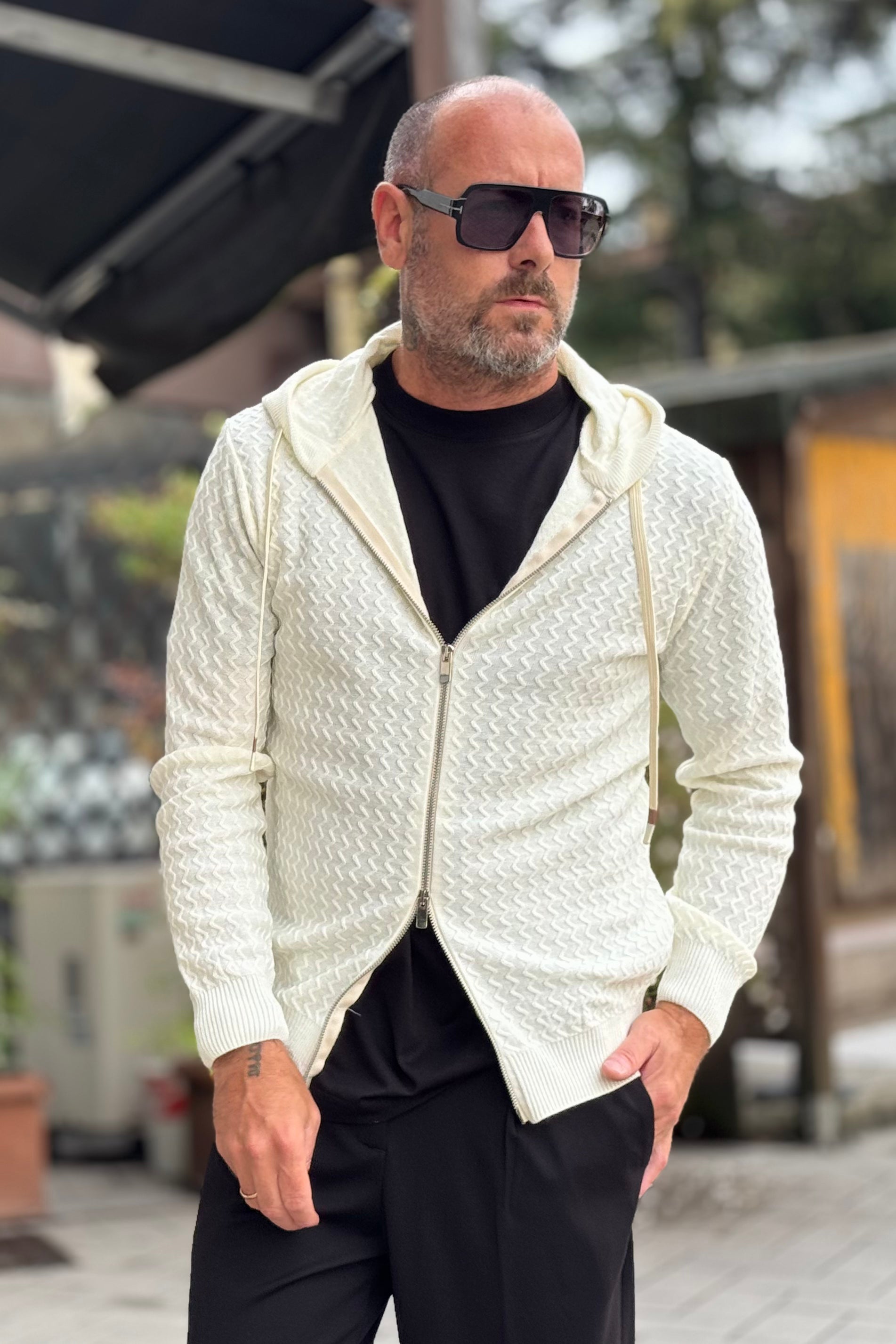 DANIELE ALESSANDRINI M015 CARDIGAN CON CAPUCCIO FULL ZIP  COLORE BIANCO