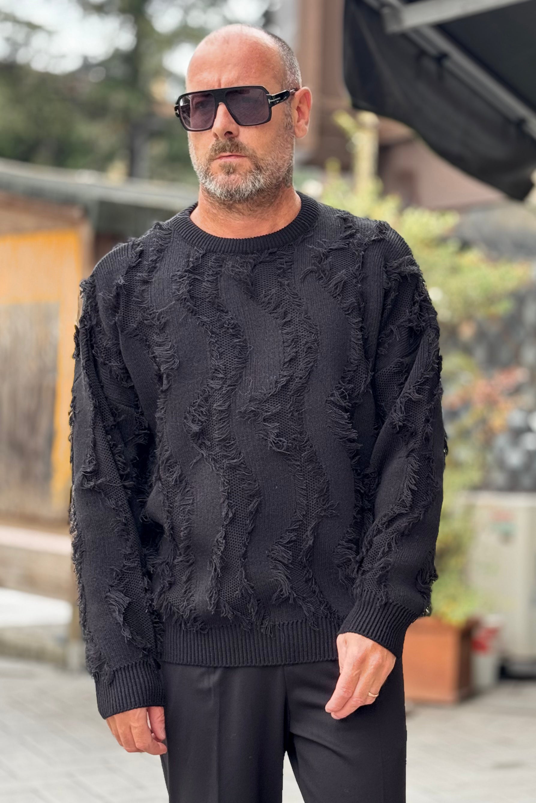 DANIELE ALESSANDRINI M143 MAGLIA GIROCOLLO CON MOTIVO SFILACCIATO COLORE NERO