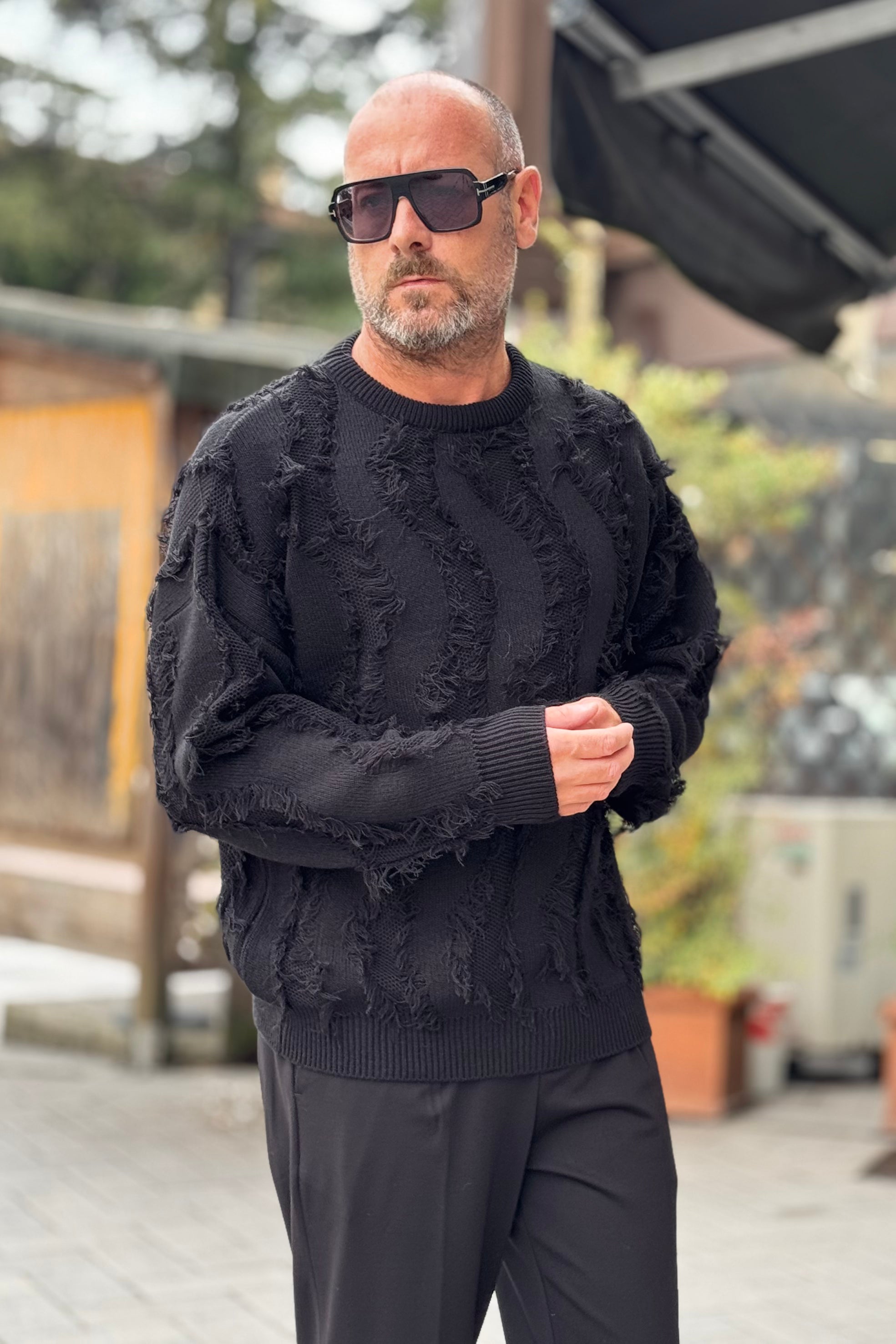 DANIELE ALESSANDRINI M143 MAGLIA GIROCOLLO CON MOTIVO SFILACCIATO COLORE NERO