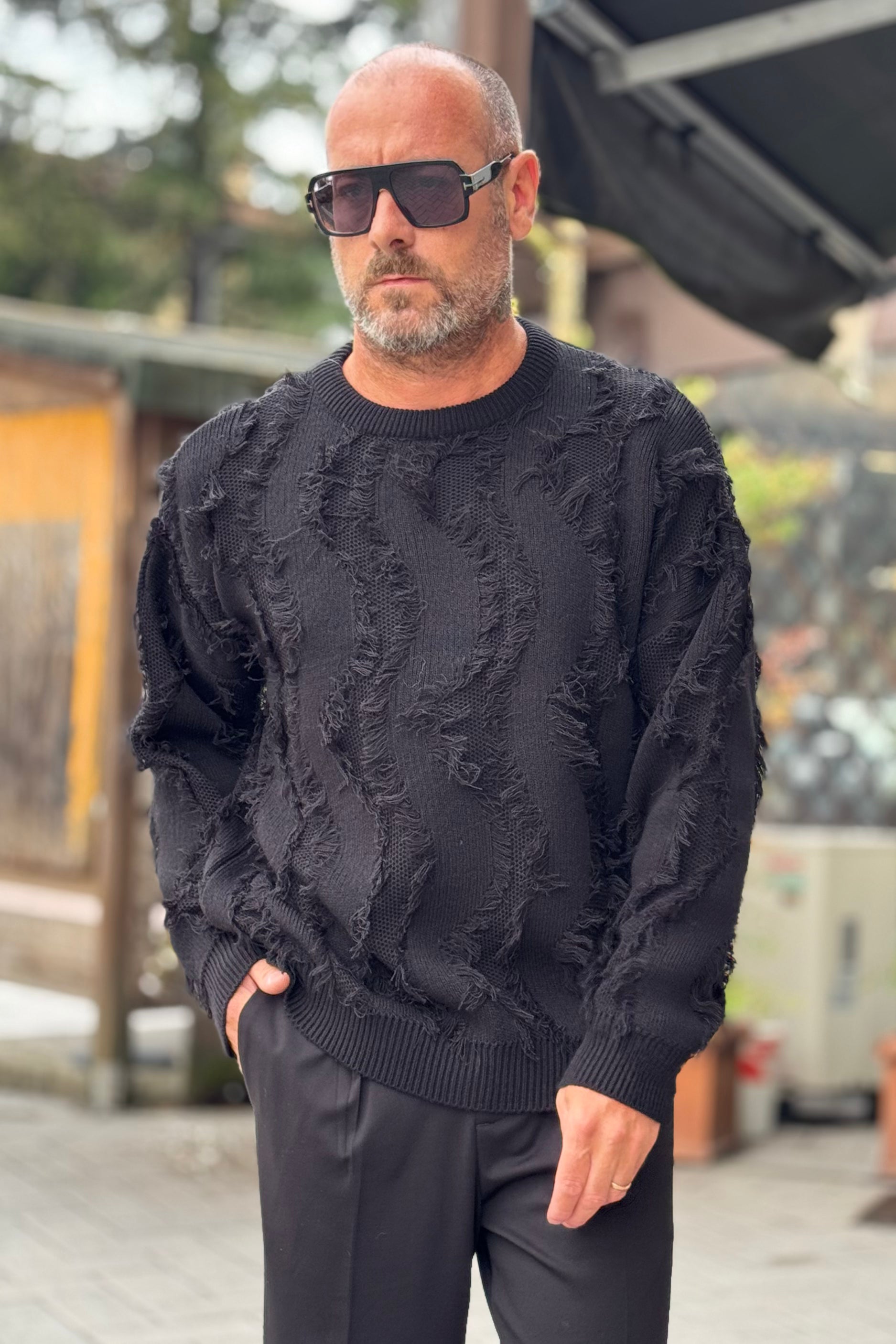 DANIELE ALESSANDRINI M143 MAGLIA GIROCOLLO CON MOTIVO SFILACCIATO COLORE NERO