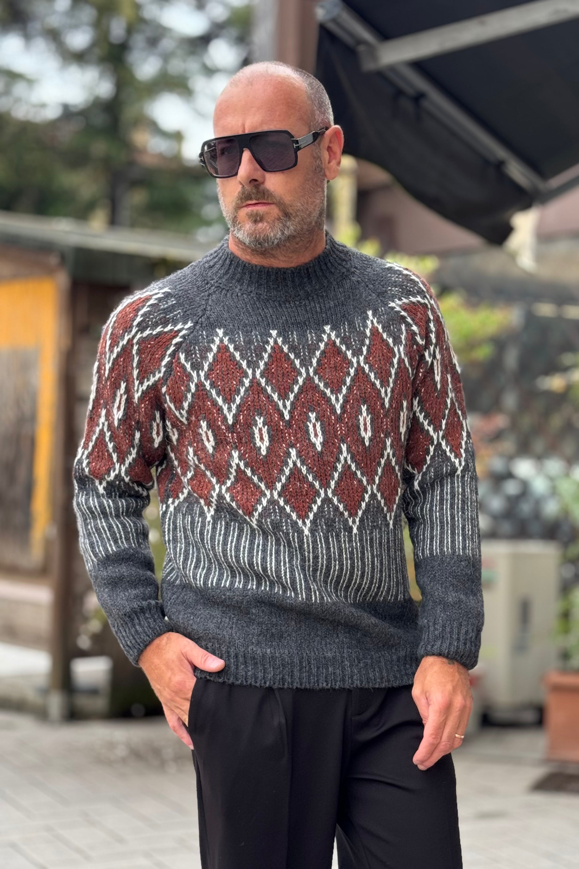 DANIELE ALESSANDRINI M039 MAGLIA CON MOTIVO ROMBO COLLO VULCANO COLORE GRIGIO