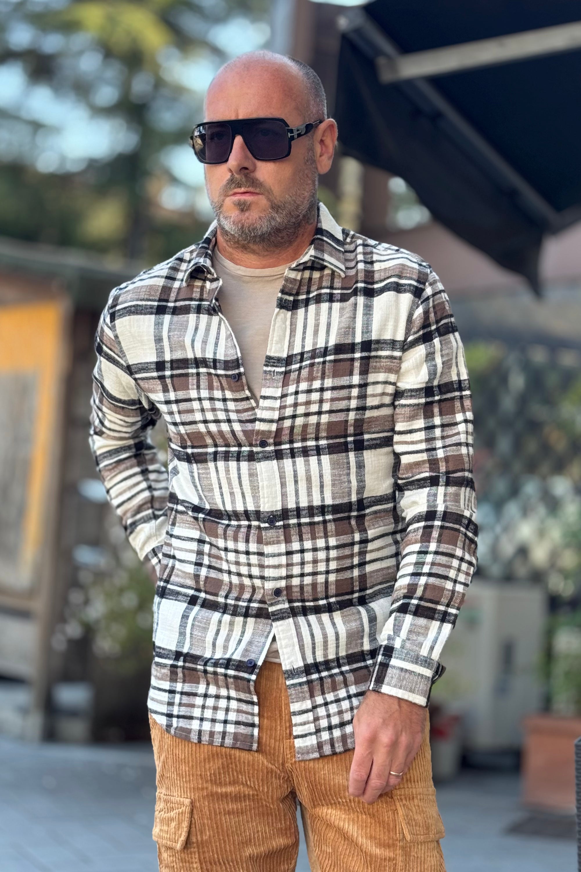 TELAMIRA BTC02 CAMICIA IN FLANELLA MOTIVO QUADRI COLORE PANNA