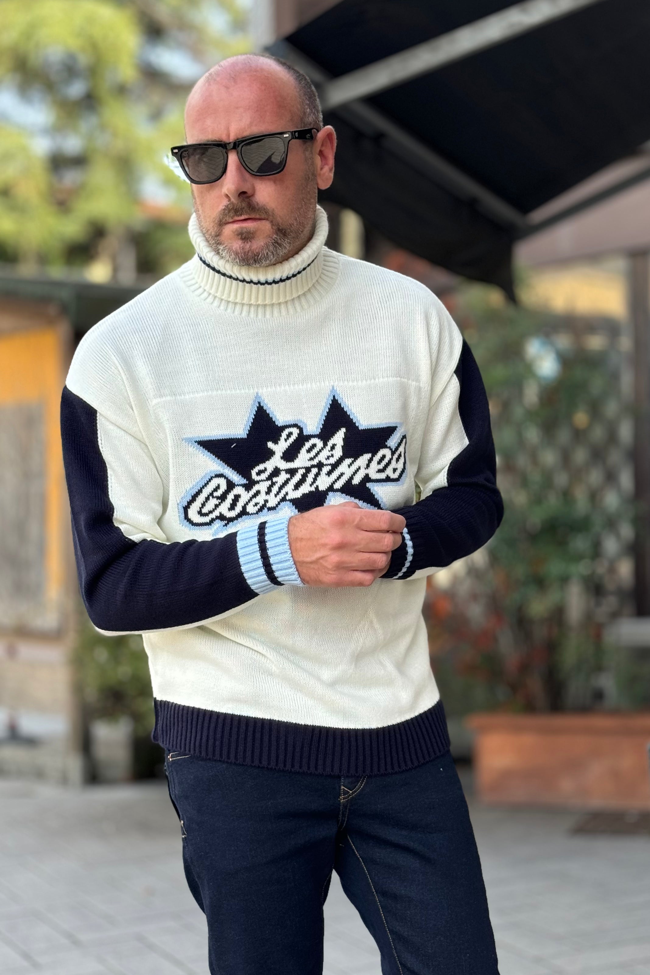 Les Costumes Paris LCFW25057 turtleneck sweater with mohair logo on the front, white