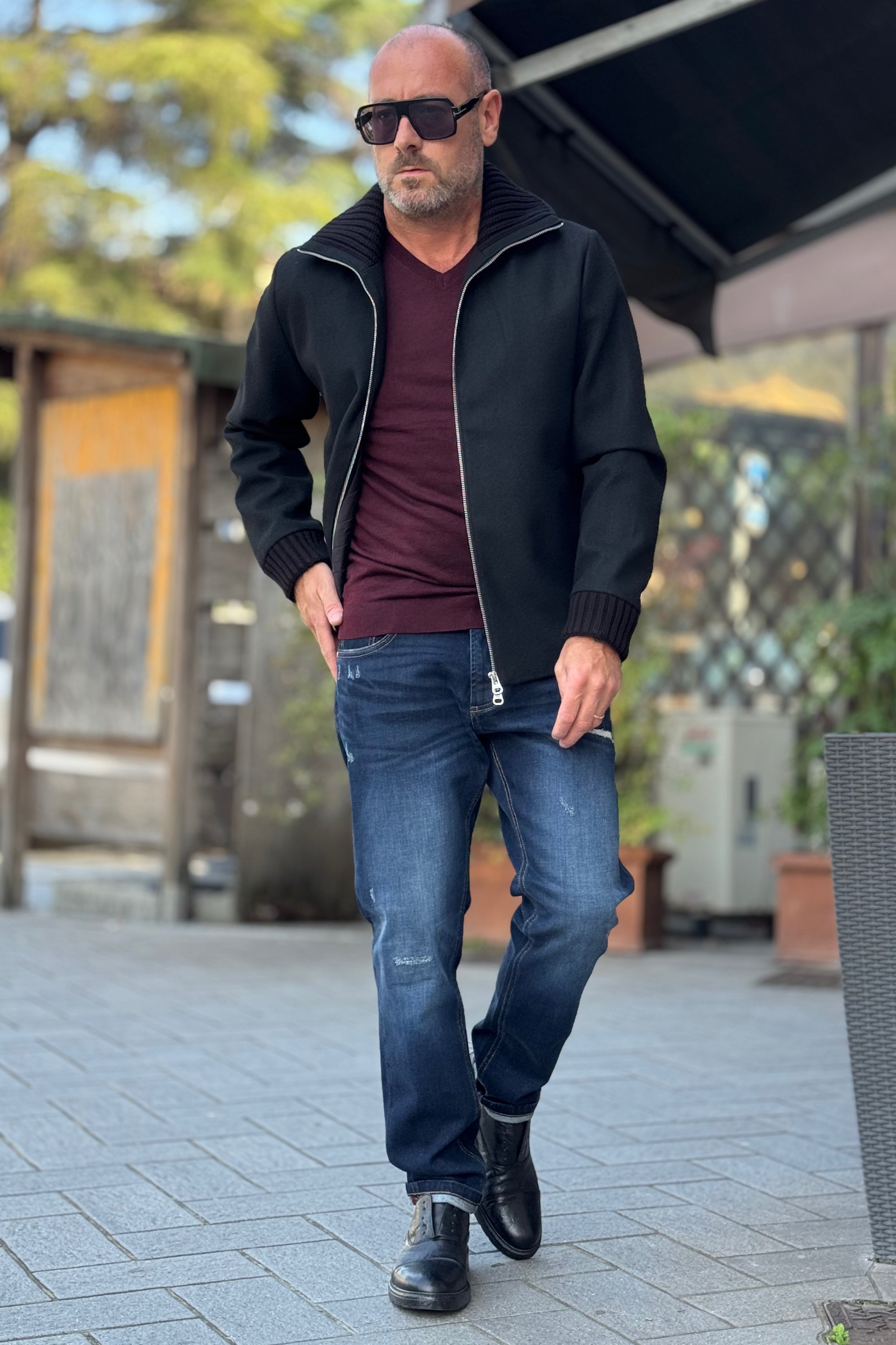 DANIELE ALESSANDRINI BOMBER IN PANNO CON COLLETTO IN MAGLIA COLORE NERO