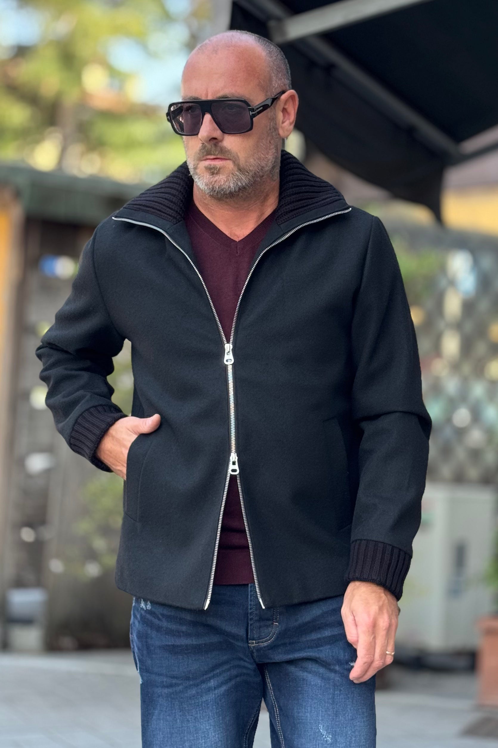 DANIELE ALESSANDRINI BOMBER IN PANNO CON COLLETTO IN MAGLIA COLORE NERO