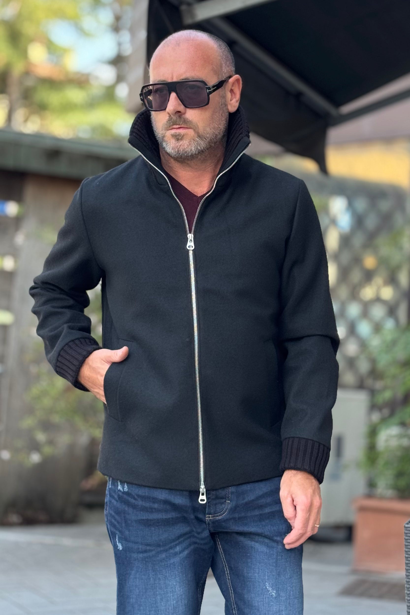 DANIELE ALESSANDRINI BOMBER IN PANNO CON COLLETTO IN MAGLIA COLORE NERO