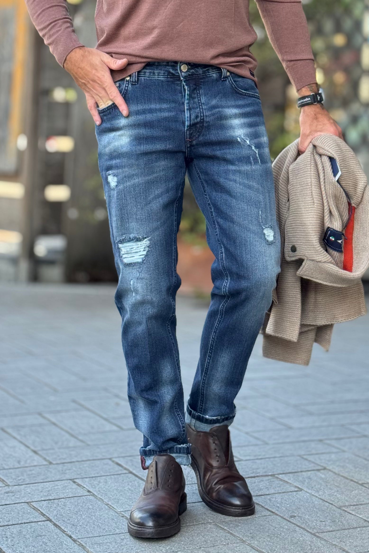 DANIELE ALESSANDRINI JEANS REGULAR CON ROTTURE LAVAGGIO BLU MEDIO