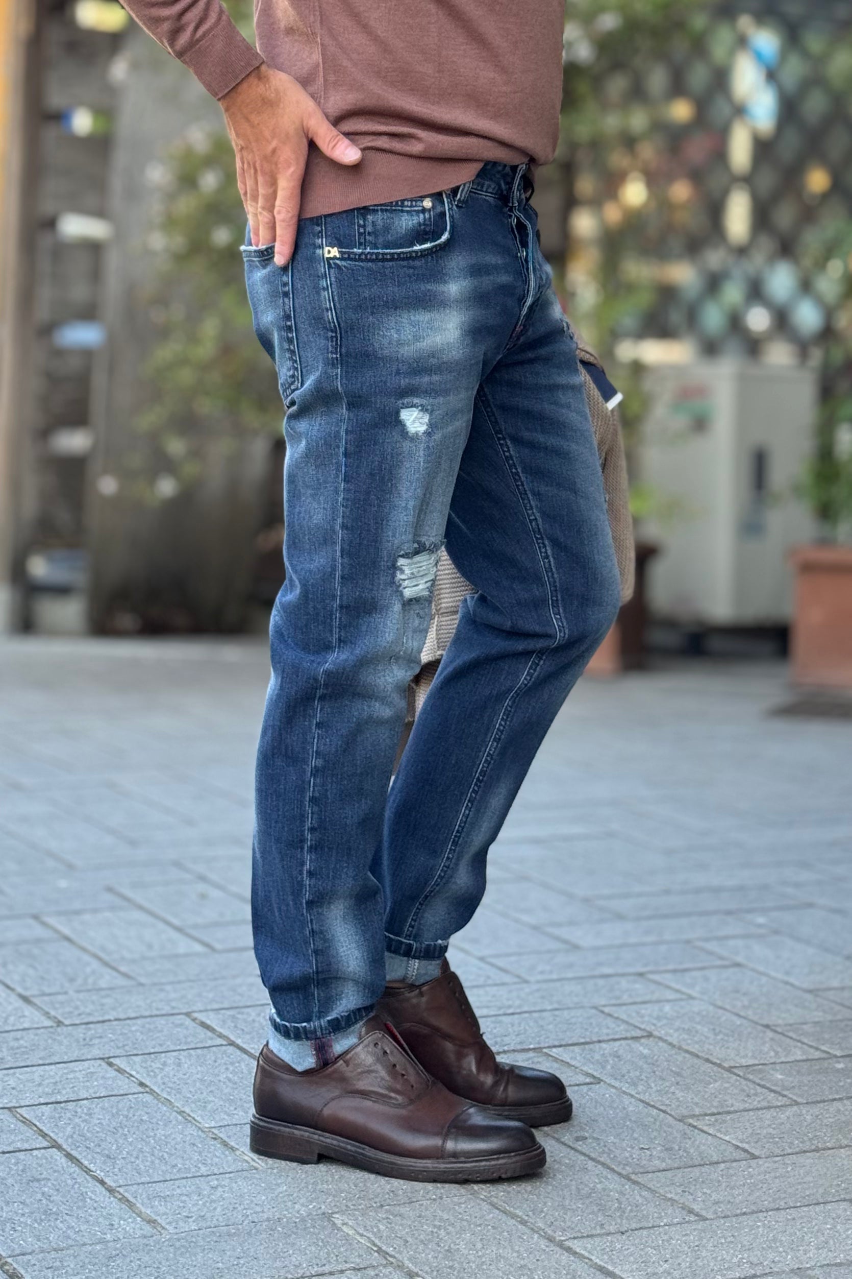 DANIELE ALESSANDRINI JEANS REGULAR CON ROTTURE LAVAGGIO BLU MEDIO