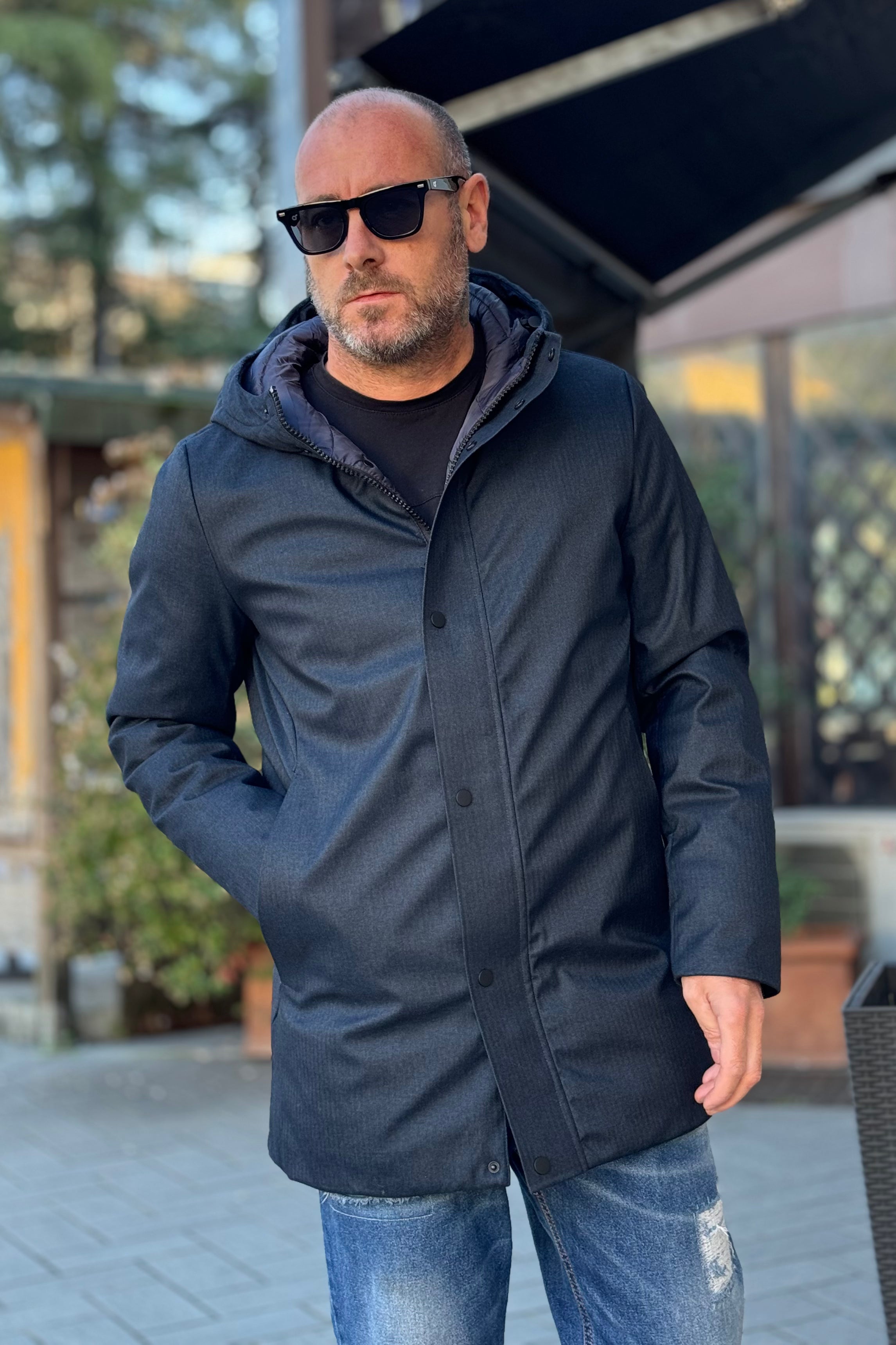 TELAMIRA PARKA 3/4 CON CAPPUCCIO COLORE BLU SCURO